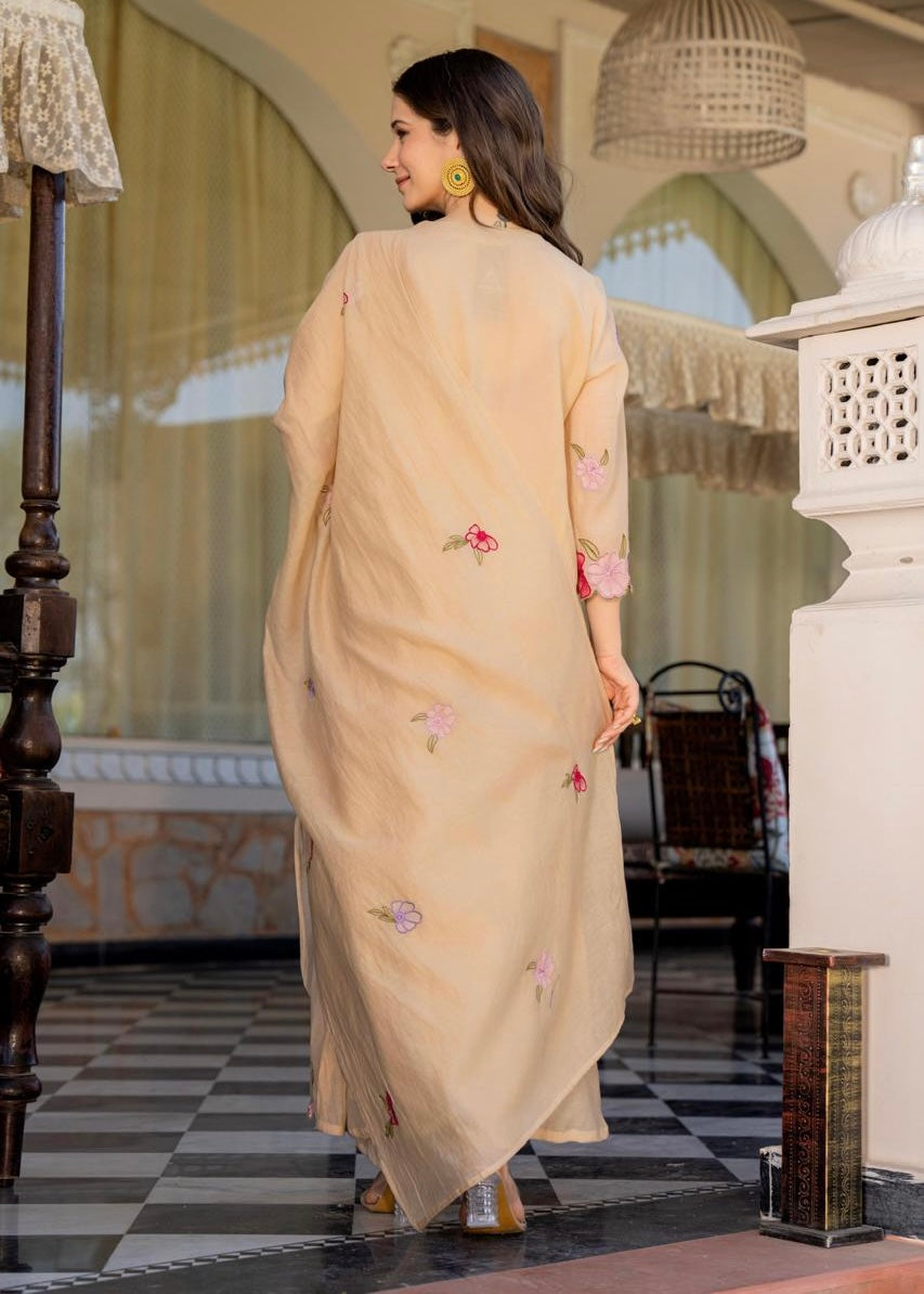 “Jhanvi” Luxury Mul Chanderi Anarkali Set | Appliqué Embroidery | Dupatta & Bottom