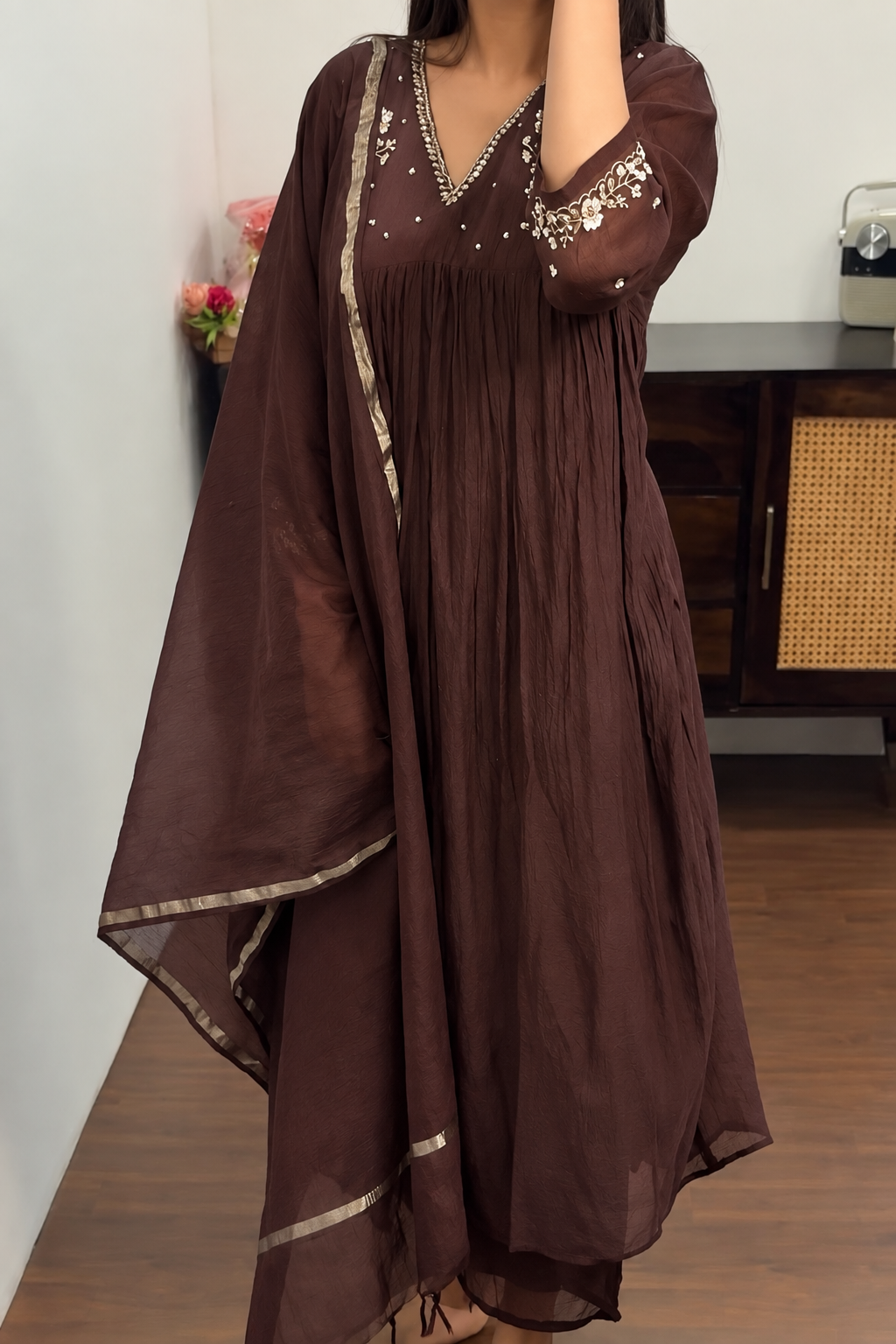 🛍️Melody –  Premium Brown Banarsi Mul Chanderi Anarkali Suit