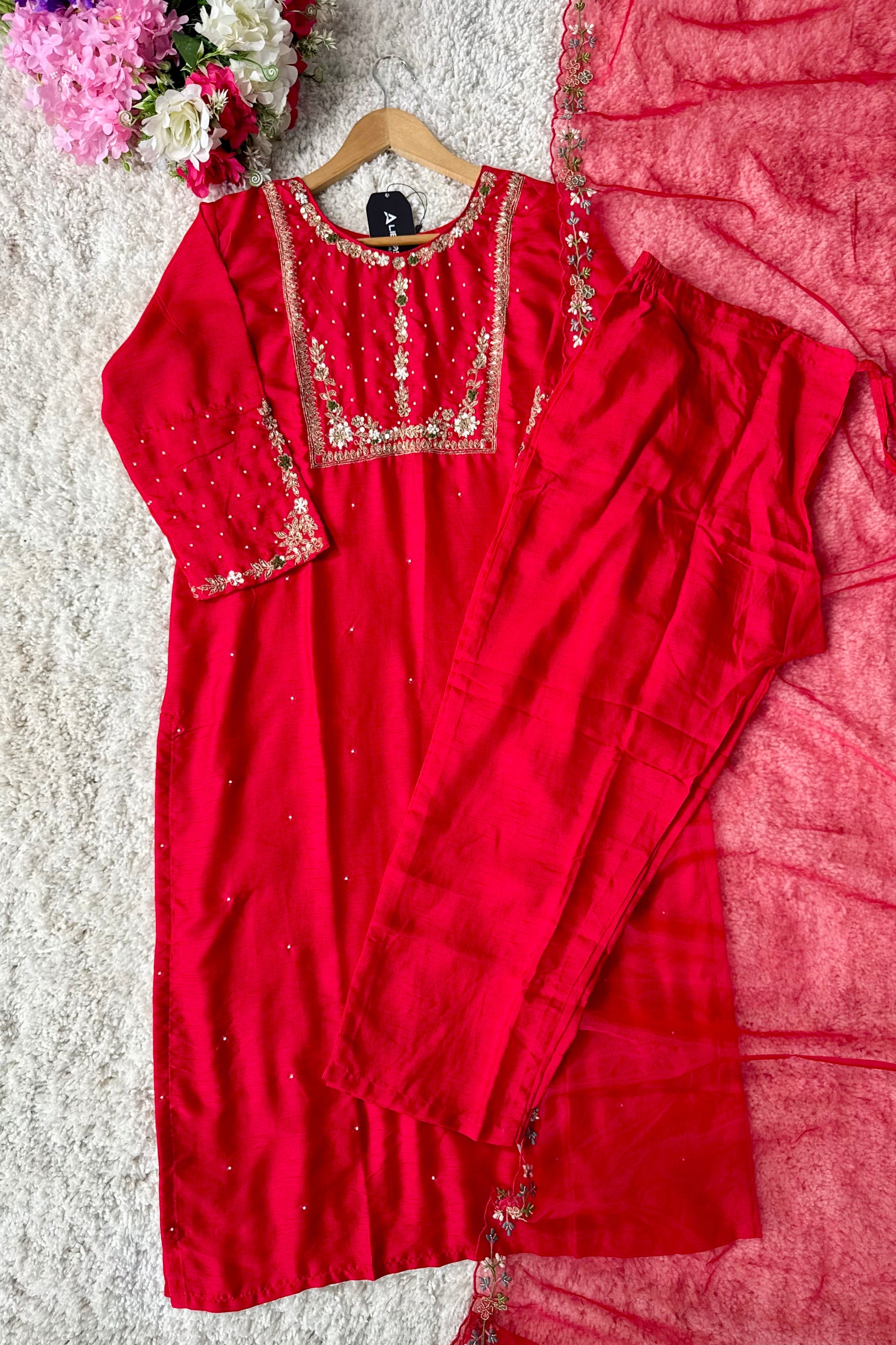 “ALKA” A very beautiful Red piece with zardozi & zari handwork set