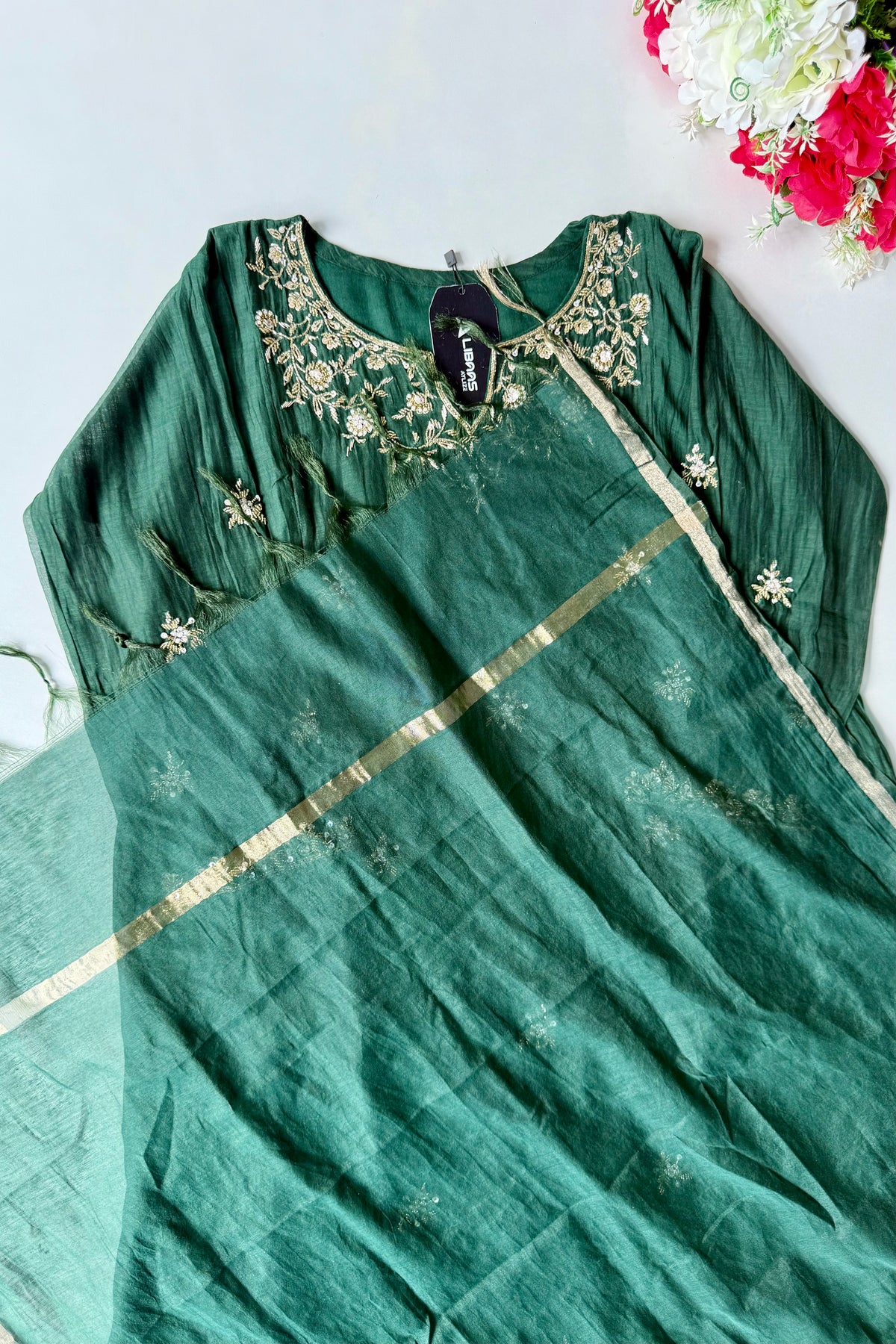 ✨Zoe - Premium Bottle Green Mul Chanderi A Line Kurta Set ✨