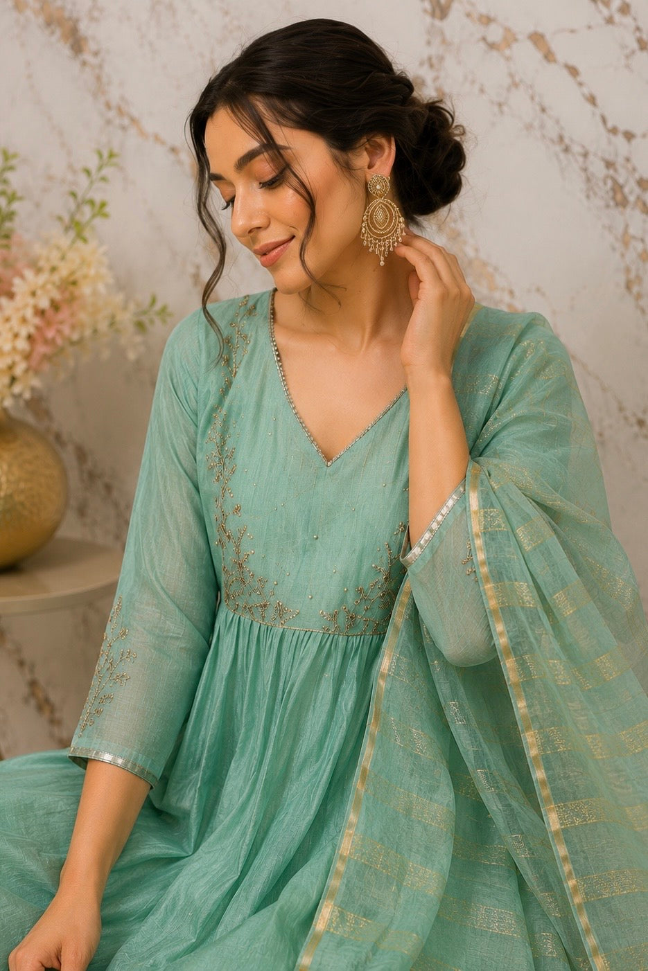 ✨ Gulnoor – Mul Chanderi A-Line Kurta Set with Dupatta