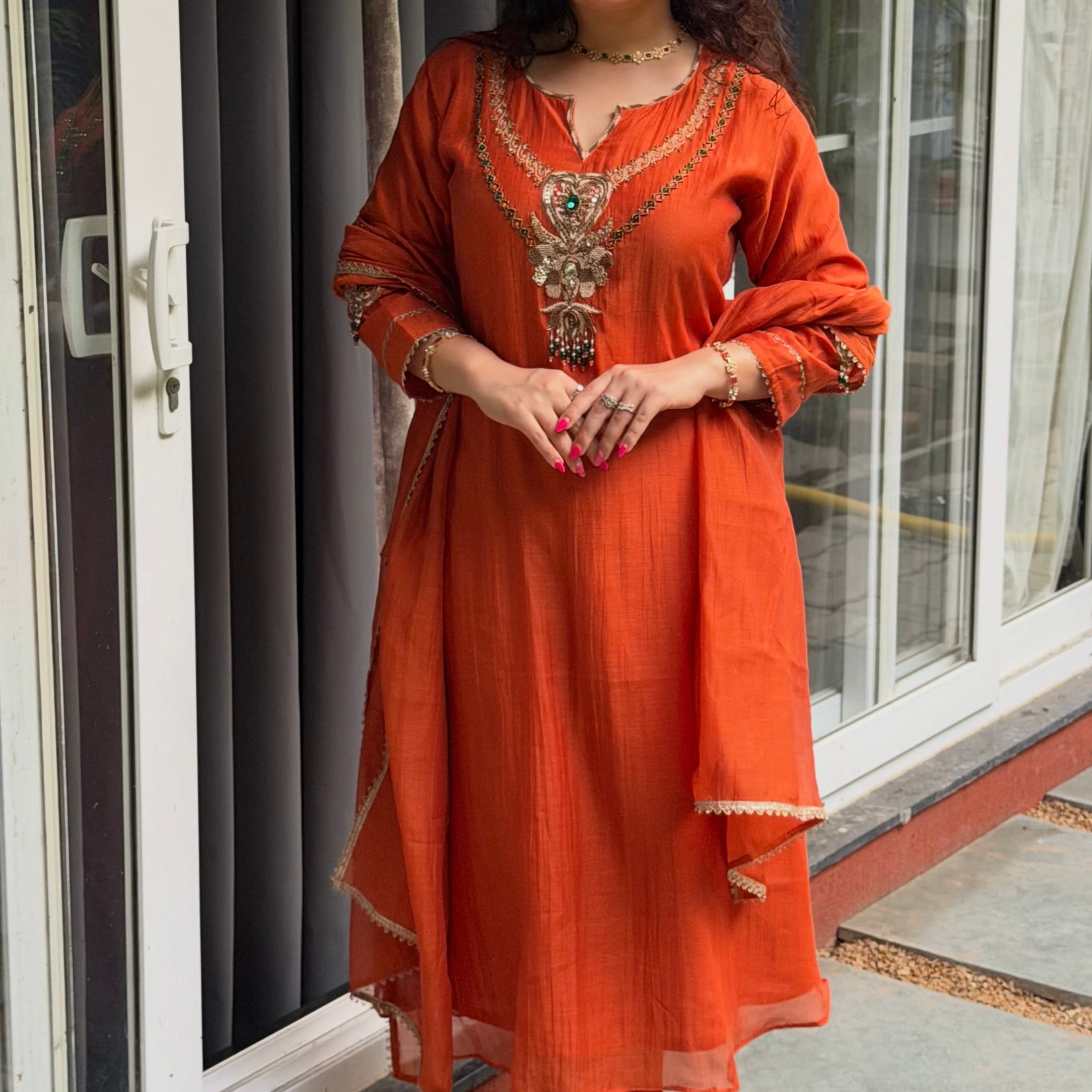 ✨”Falak - Premium Orange Mul Chanderi A-Line Kurta Set