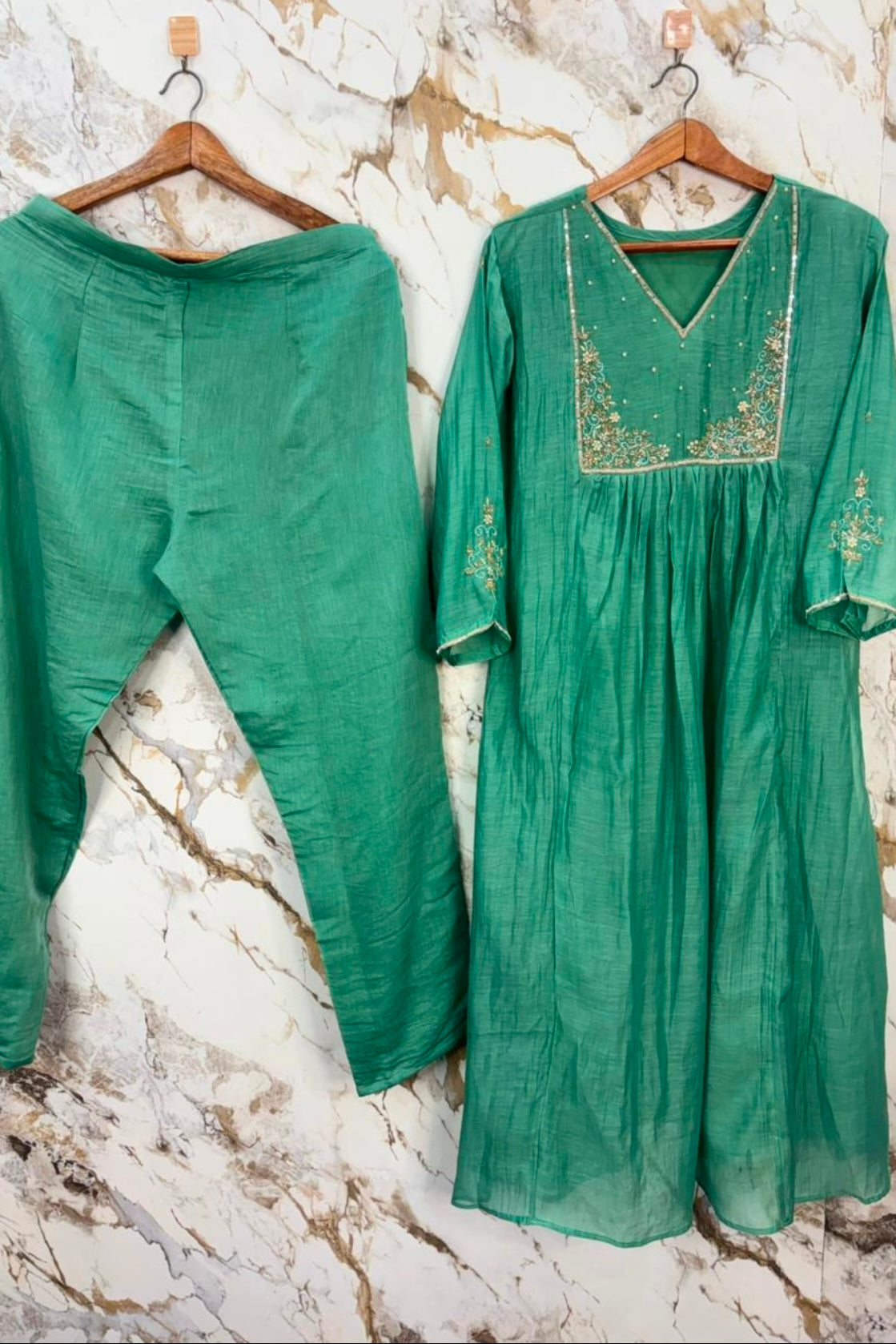 ✨ Gulnoor – Emerald Green Mul Chanderi A-Line Kurta Set with Dupatta