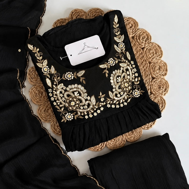 “Saanvi” Black Chinon Anarkali Kurti Pant With Dupatta Sets