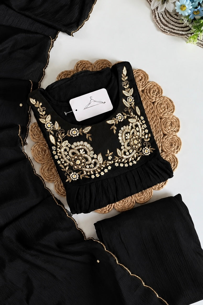 “Saanvi” Black Chinon Anarkali Kurti Pant With Dupatta Sets
