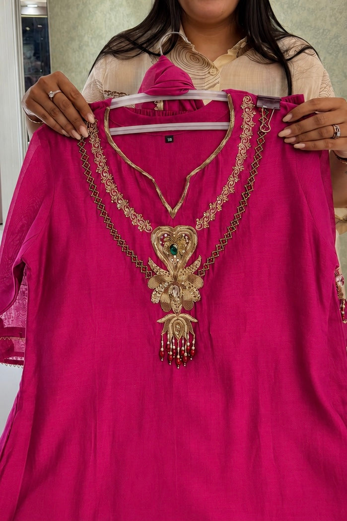 ✨”Falak - Premium Pink Mul Chanderi A-Line Kurta Set