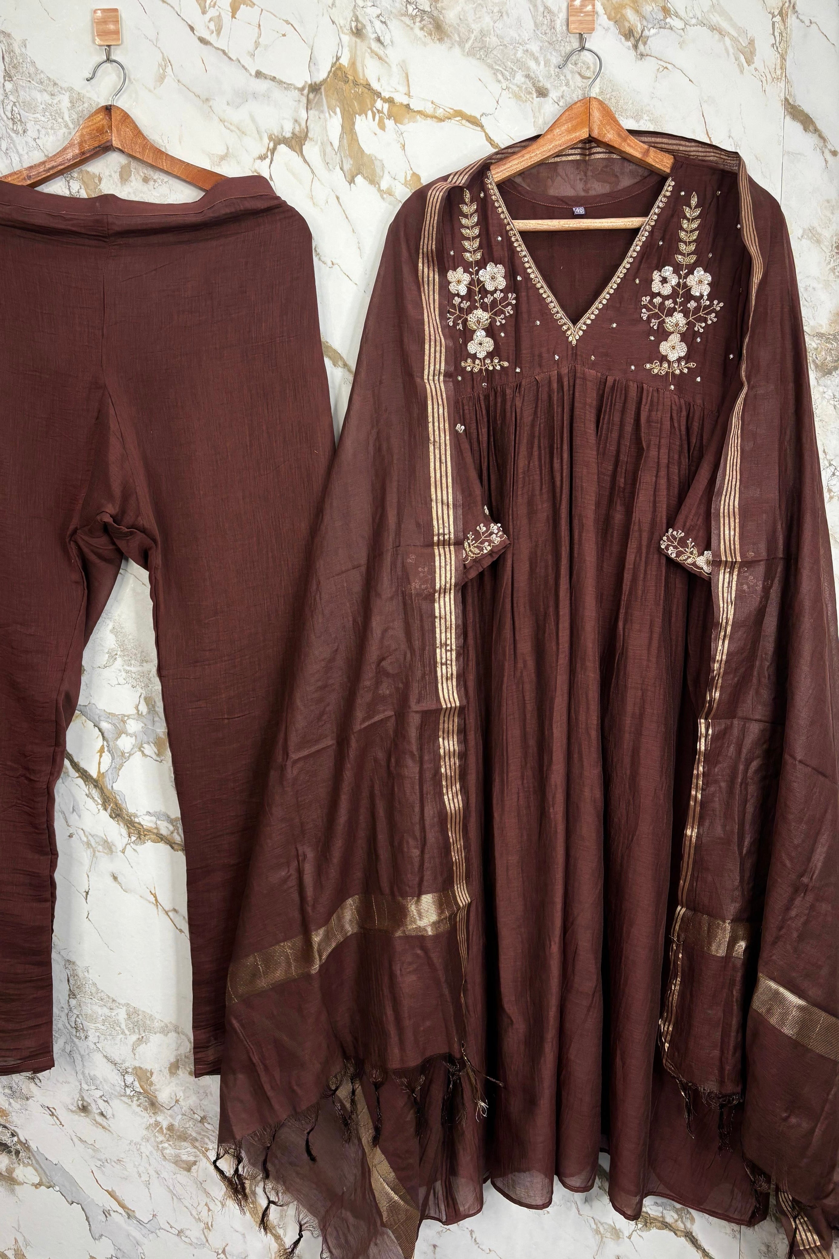 🛍️”Melody –  Premium Wine Banarsi Mul Chanderi A Line Suit