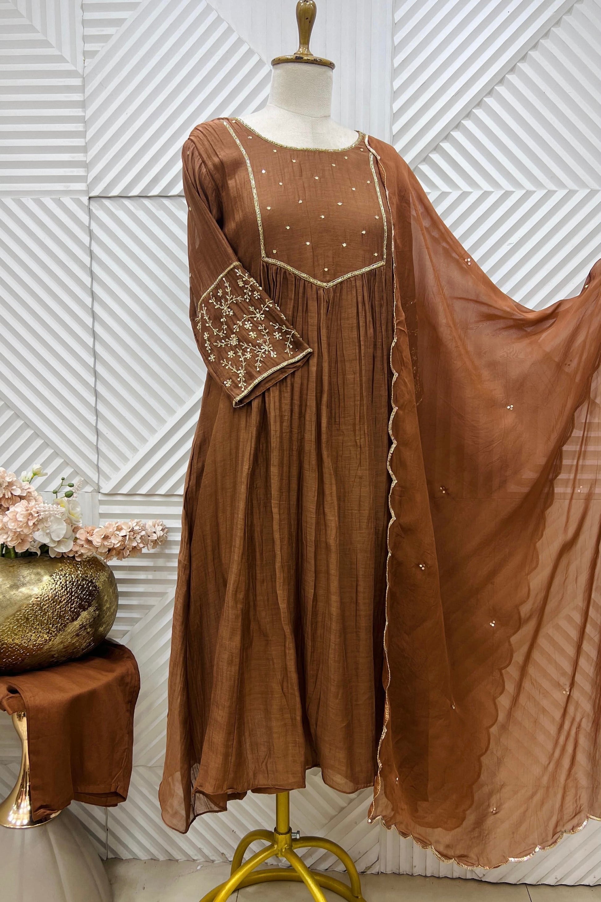 ✨”Cocoa– Premium Brown Mul Chanderi A-Line Kurta Set✨
