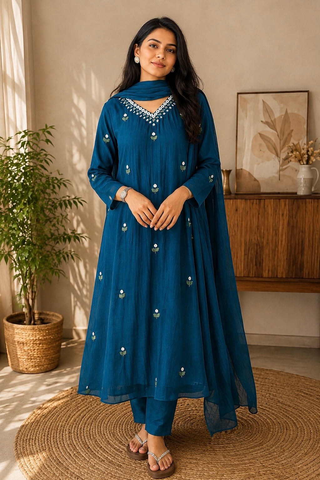✨”Ruby - Premium Blue Mul Chanderi A-Line Kurta Set