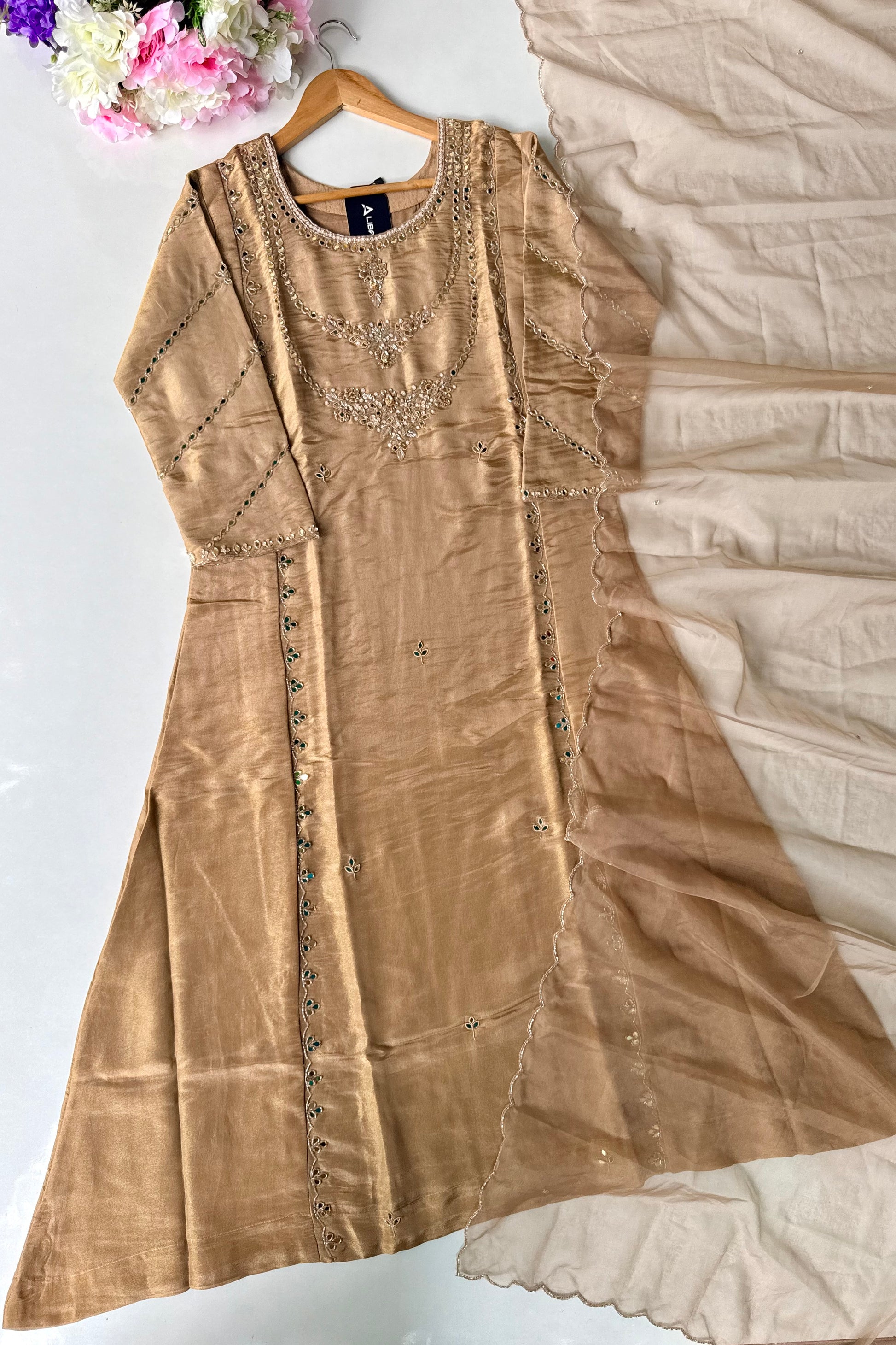 ✨Pearl – Premium Gold Beige  Mirror Work Tissue A Line Kurta Set