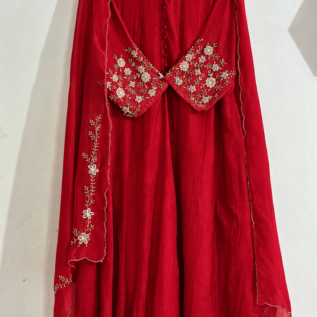 ✨Ay10- Beautiful Red Mul Chanderi A Line Kurta set 💫