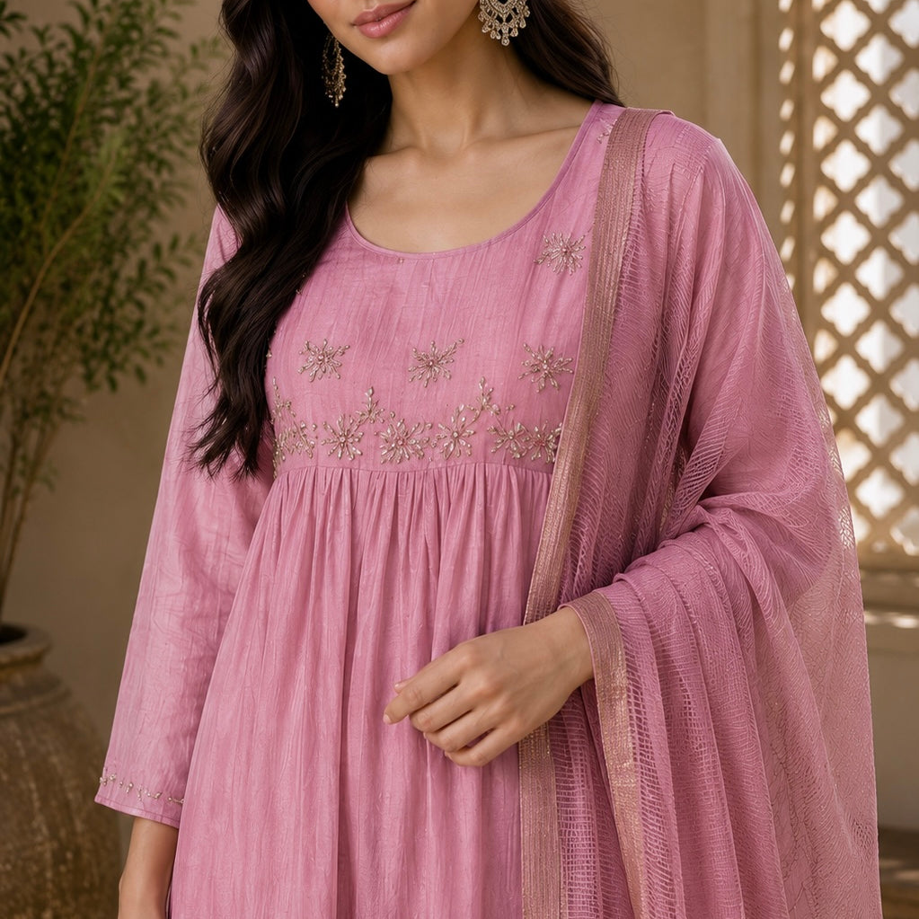 ✨ Sharmila – Banarsi Mul Chanderi A-Line Kurta Set with Dupatta