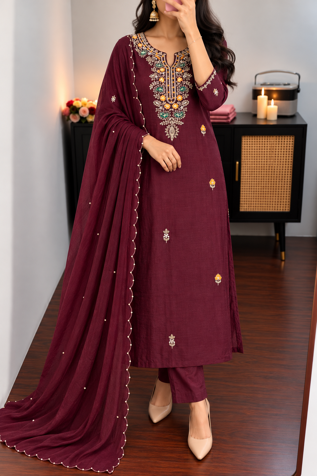 “ISHIKA” Brwon handcrafted dola silk kurti sets