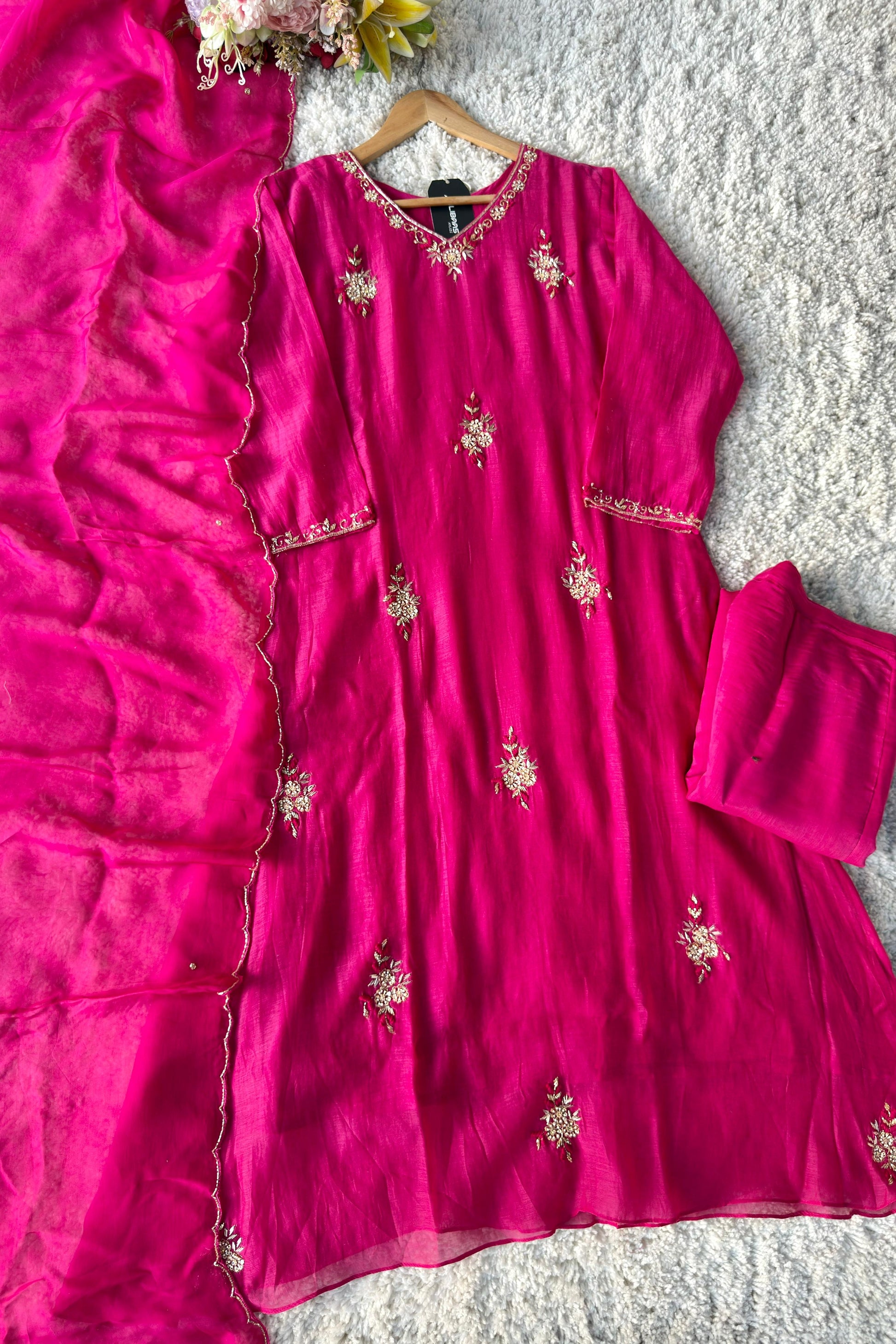 💕Zidan- Premium Pink Mul Chanderi A Line Suit set 🛍️