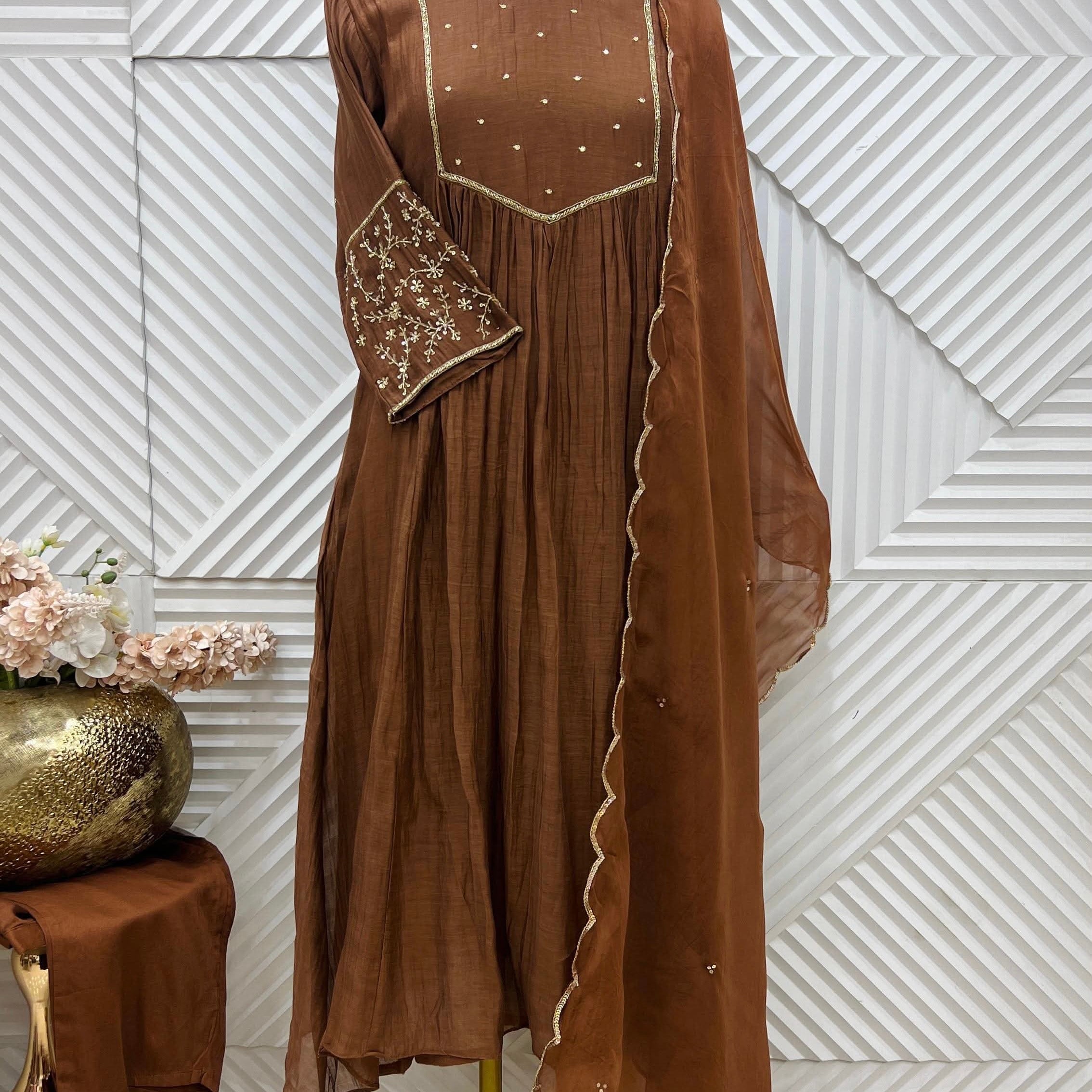 ✨”Cocoa– Premium Brown Mul Chanderi A-Line Kurta Set✨