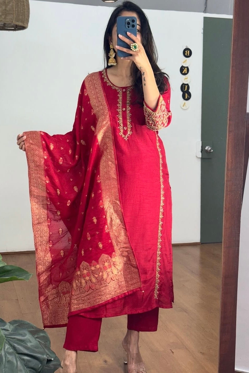 “Ruhaniya” Dola Silk Straight Suit Set with Heavy Banarasi Dupatta