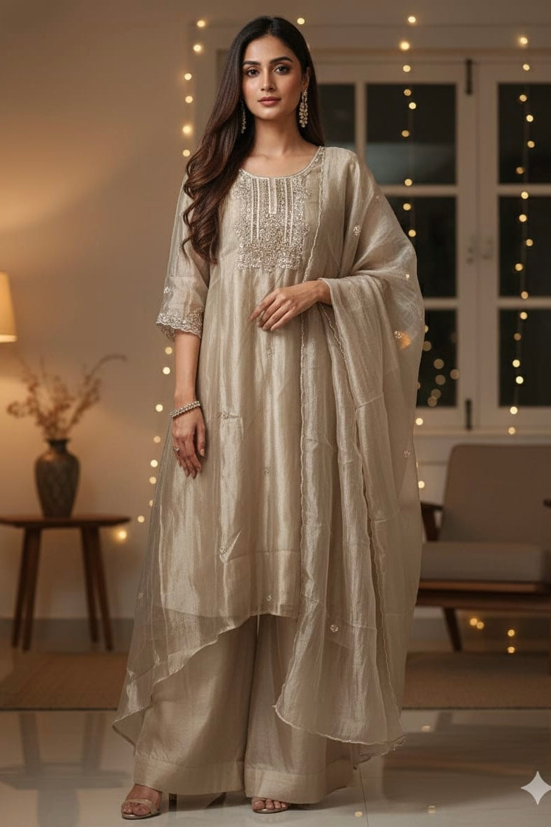 “Aurea” Premium Glass Tissue Kurta Set with Hand Embellished