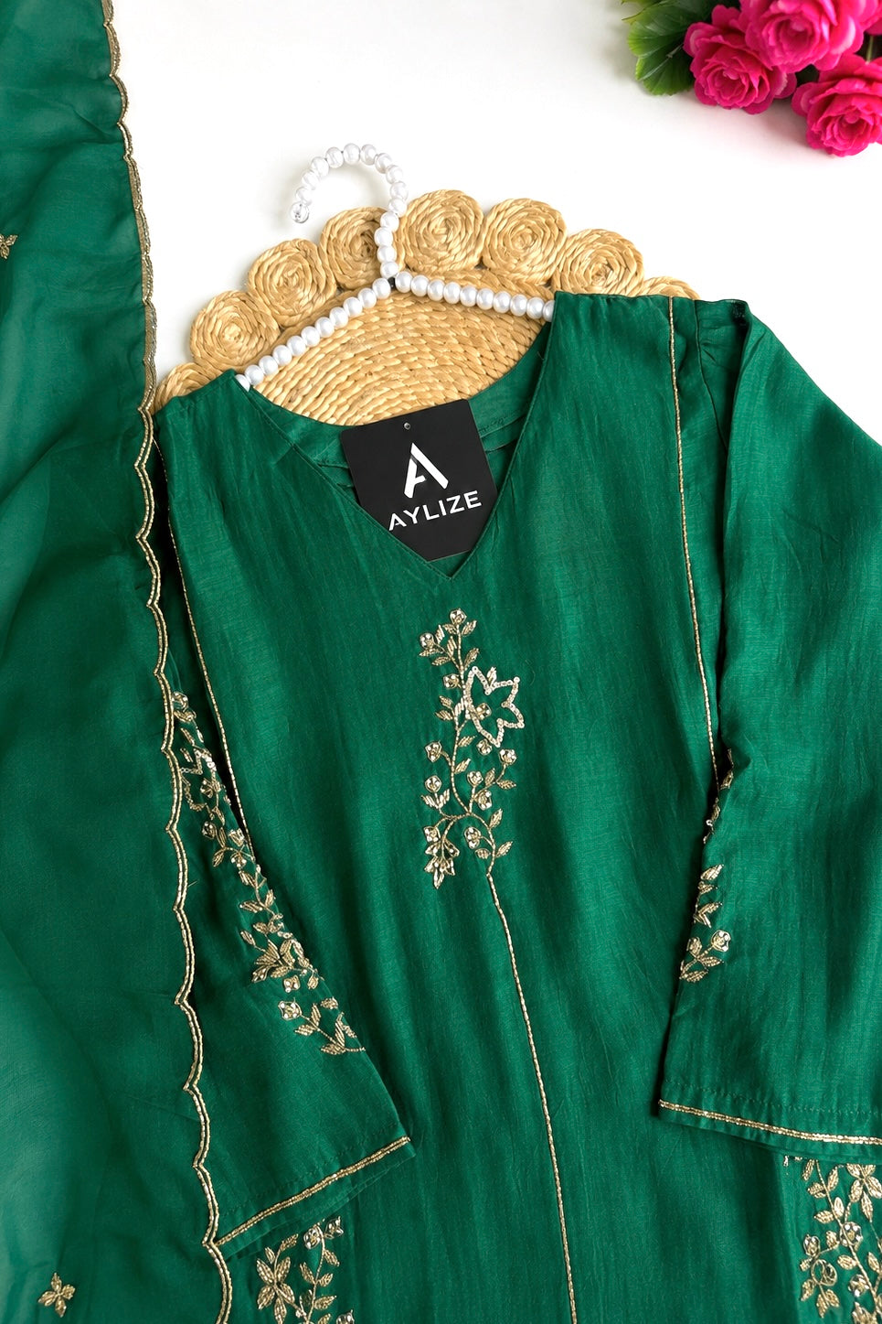 ✨”Rida - Premium Green Mul Chanderi A-Line Kurta Set