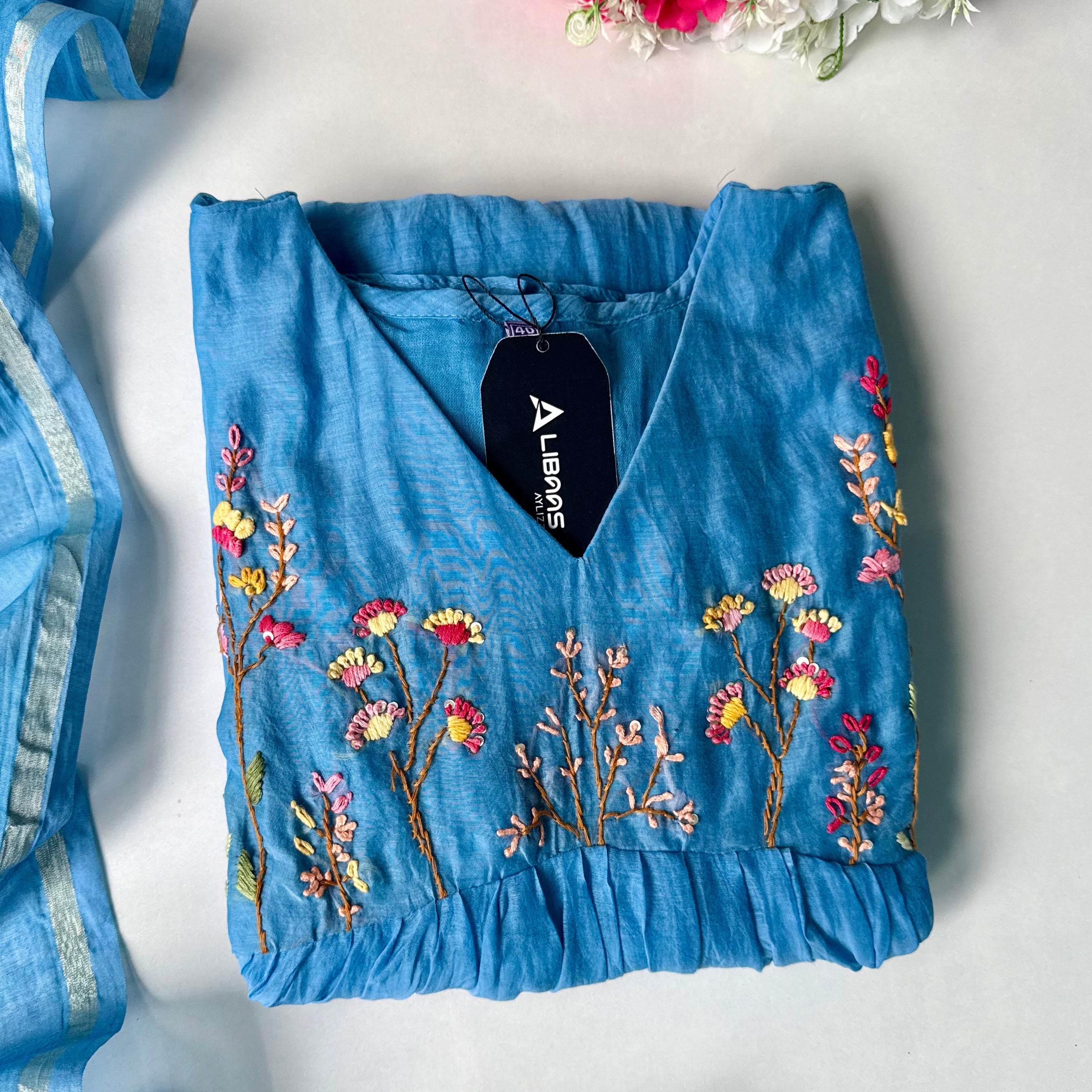 💙AYRA- Azure Blue Mul Chanderi Thread Work Anarkali Kurta Set