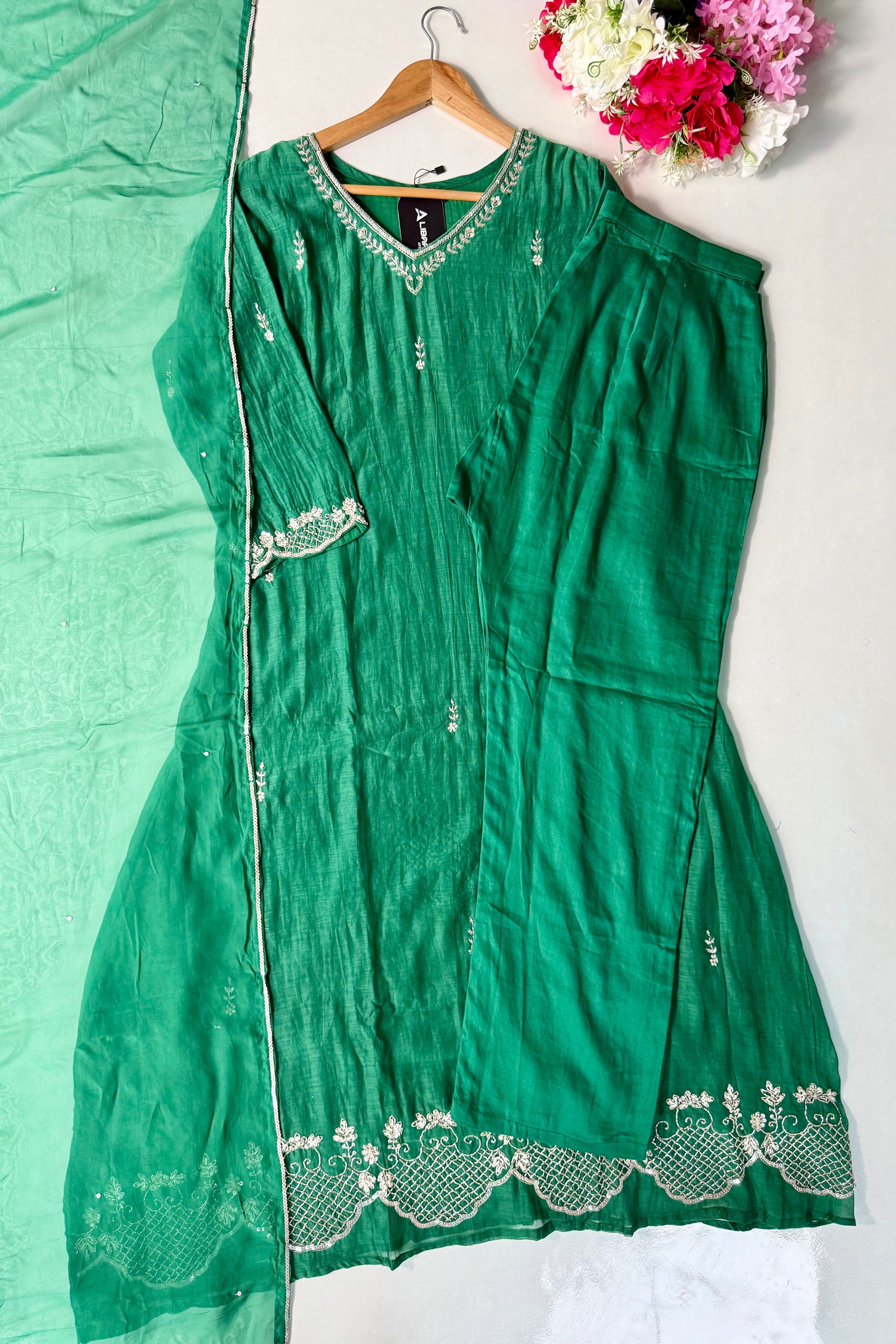 ✨”Eshal - Premium Green Mul Chanderi A-Line Kurta Set