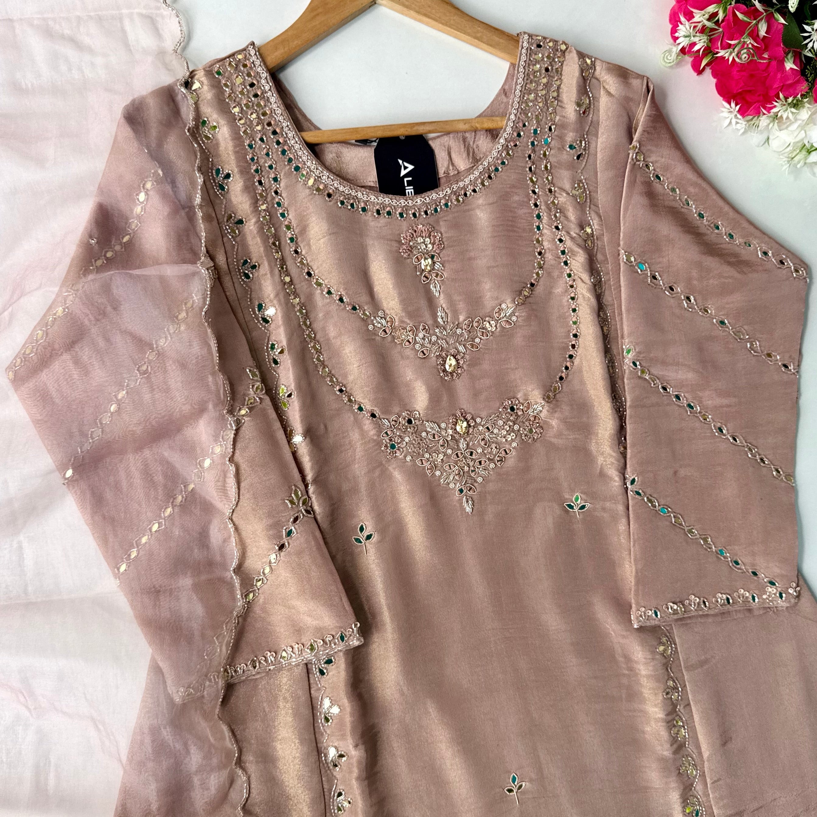 “Ayeza” Premium Tissue Mirror Work A Line Suit set 🛍️