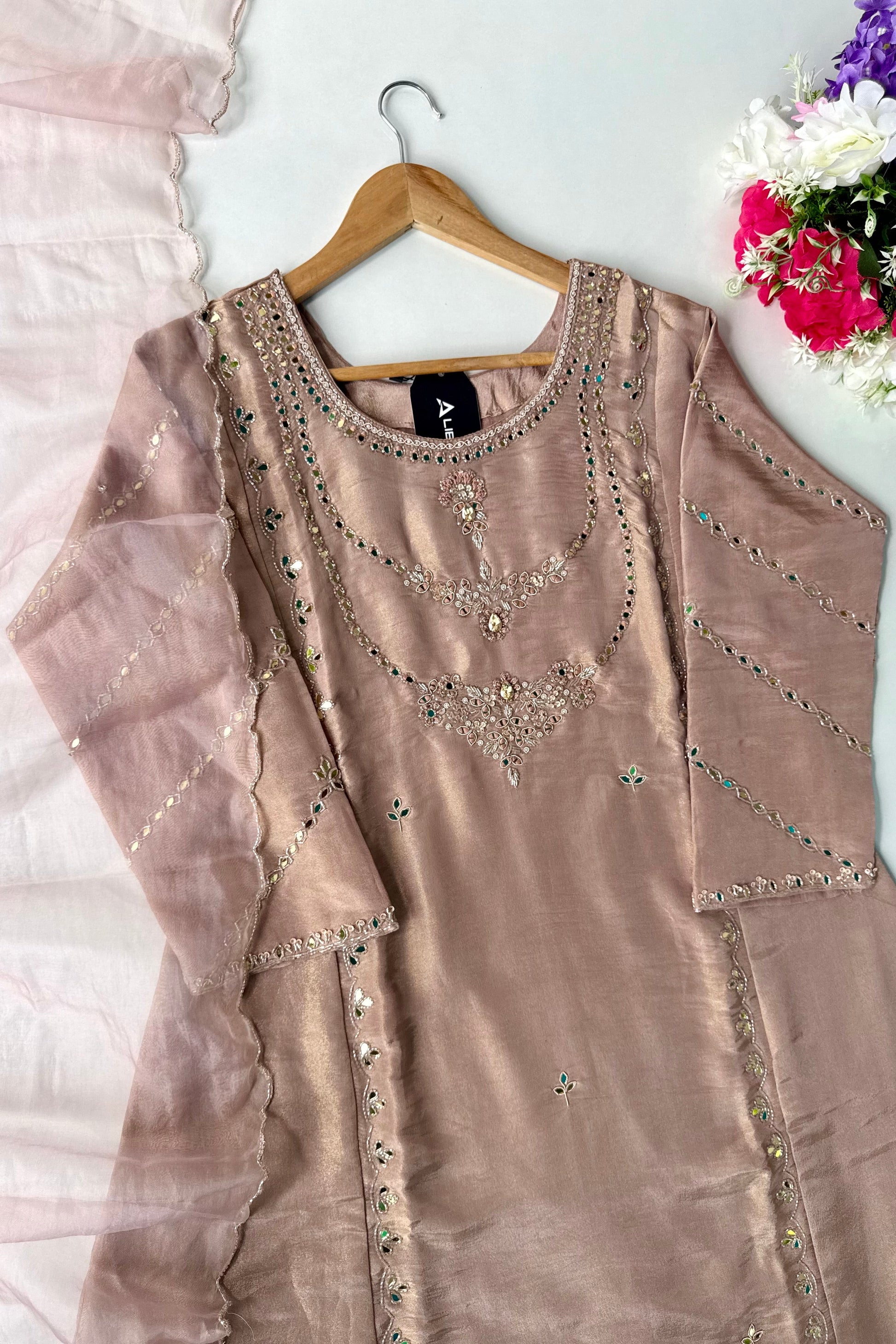 “Ayeza” Premium Tissue Mirror Work A Line Suit set 🛍️