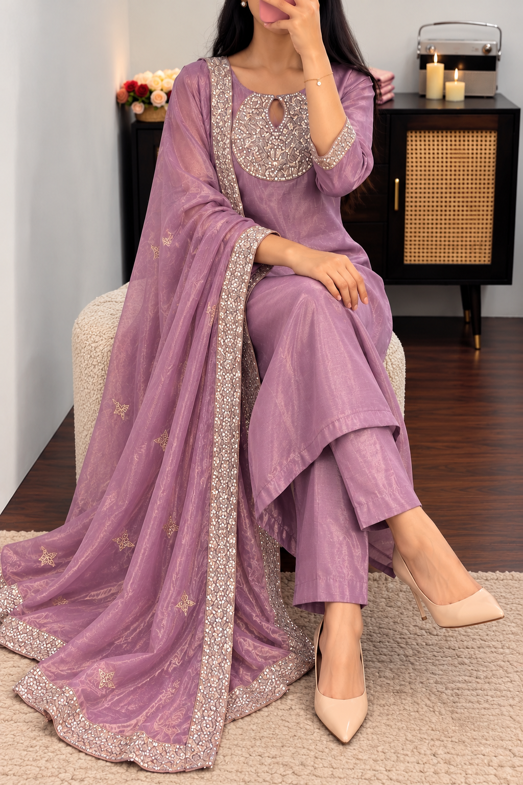 “SHINE” Beautiful Lavender with gold shimmer tissue kurta set
