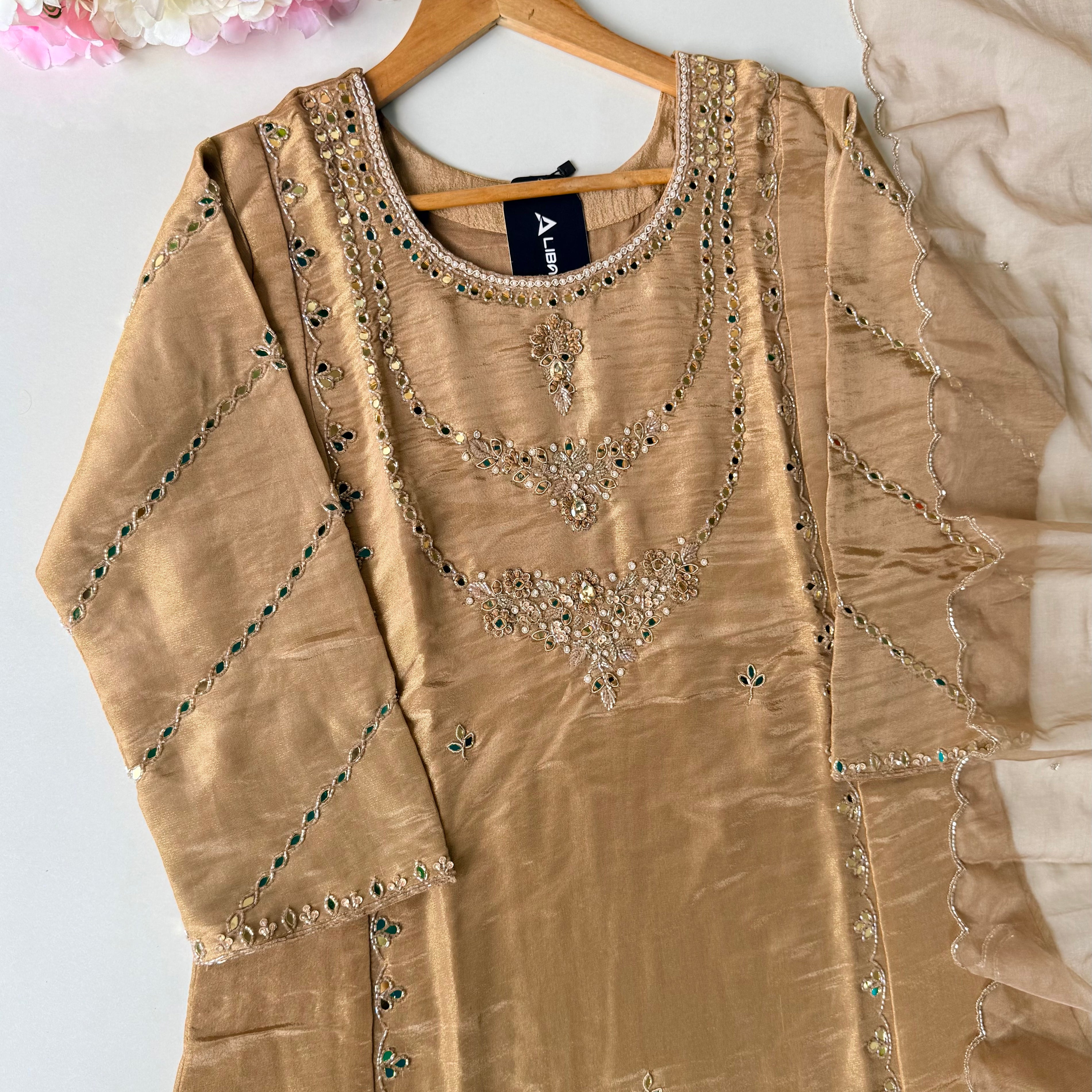 ✨Pearl – Premium Gold Beige  Mirror Work Tissue A Line Kurta Set
