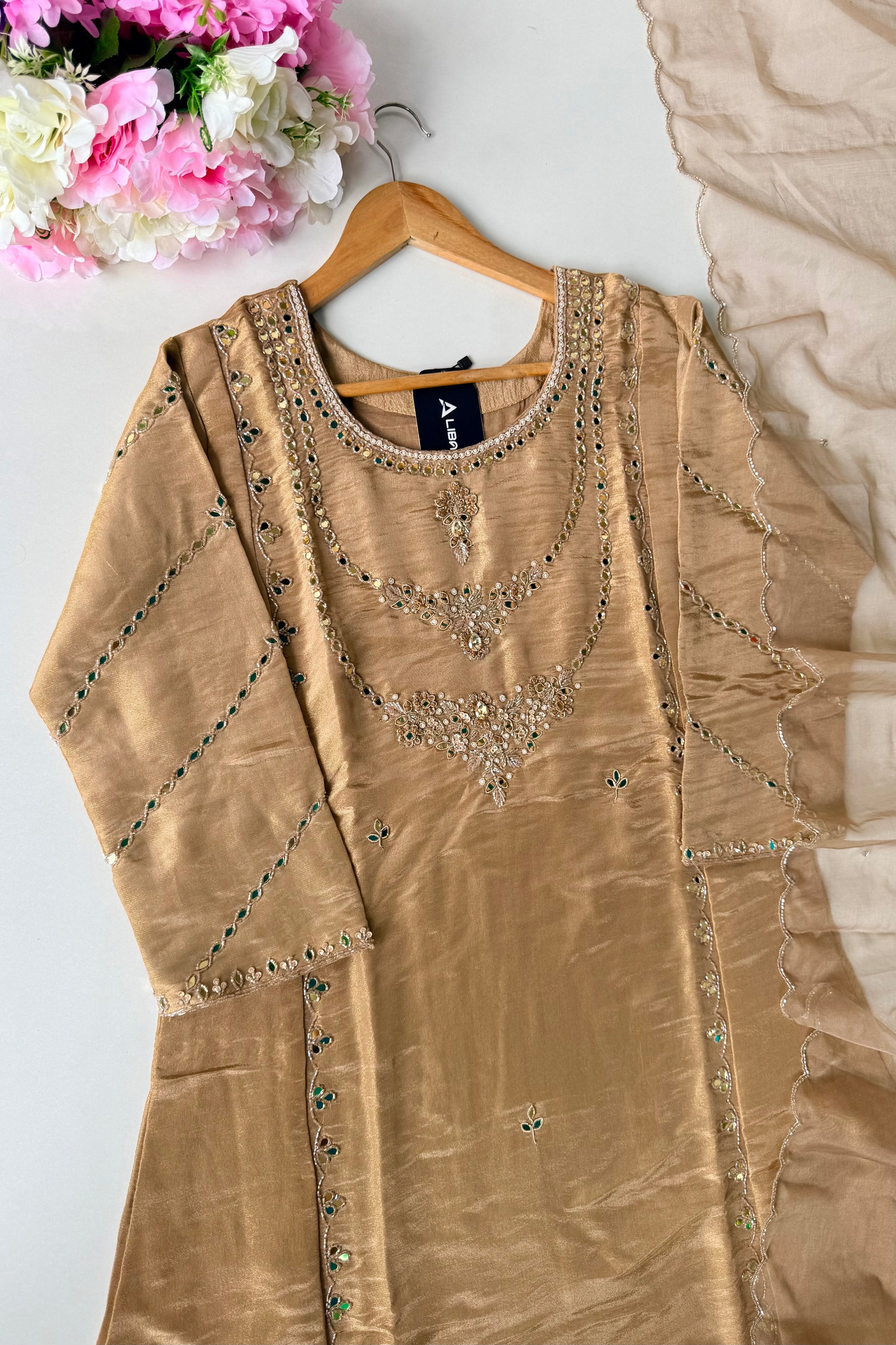 ✨Pearl – Premium Gold Beige  Mirror Work Tissue A Line Kurta Set