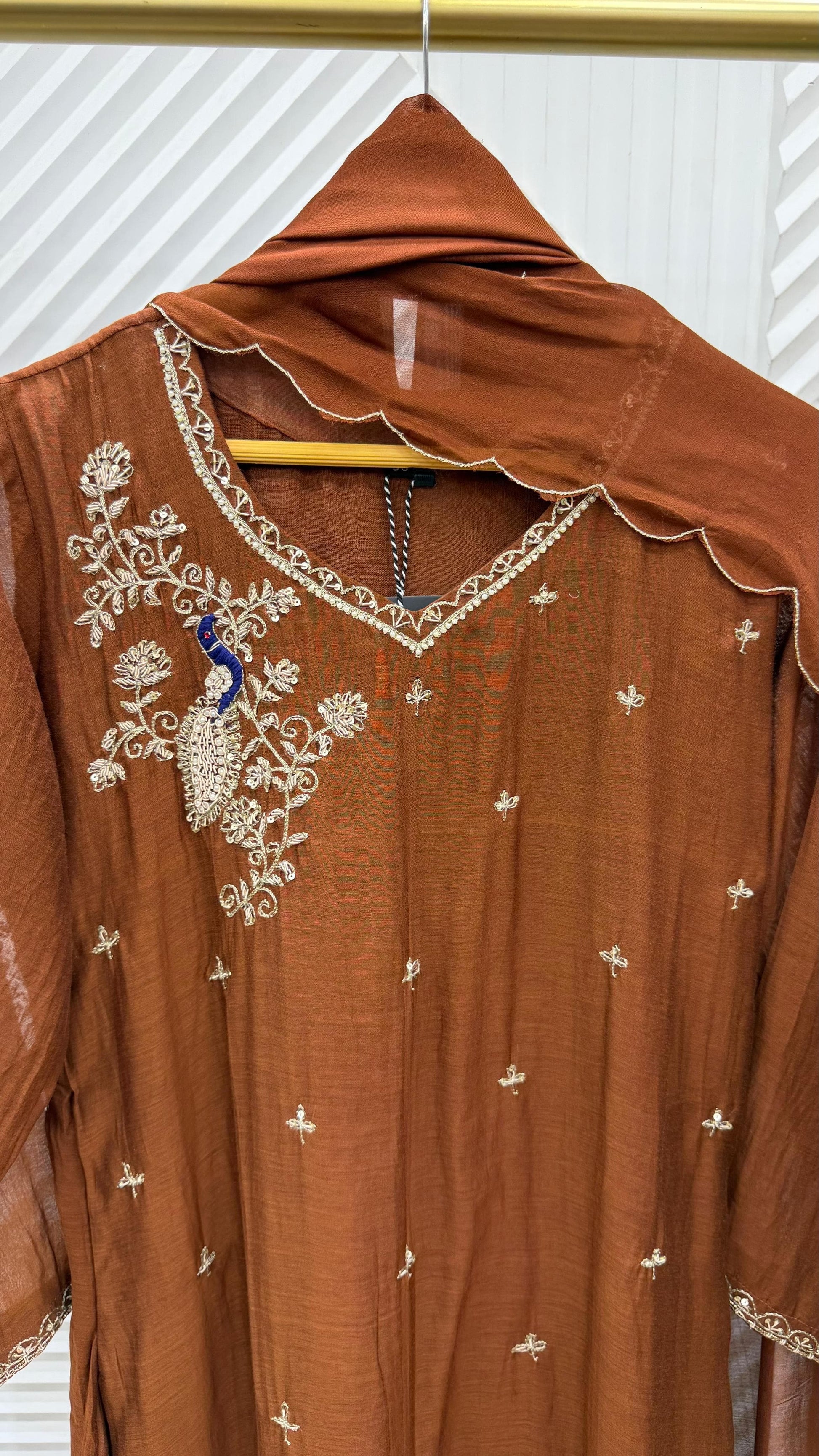 ✨Nora - Premium Chocolate Brown Mul Chanderi A Line Kurta Set ✨