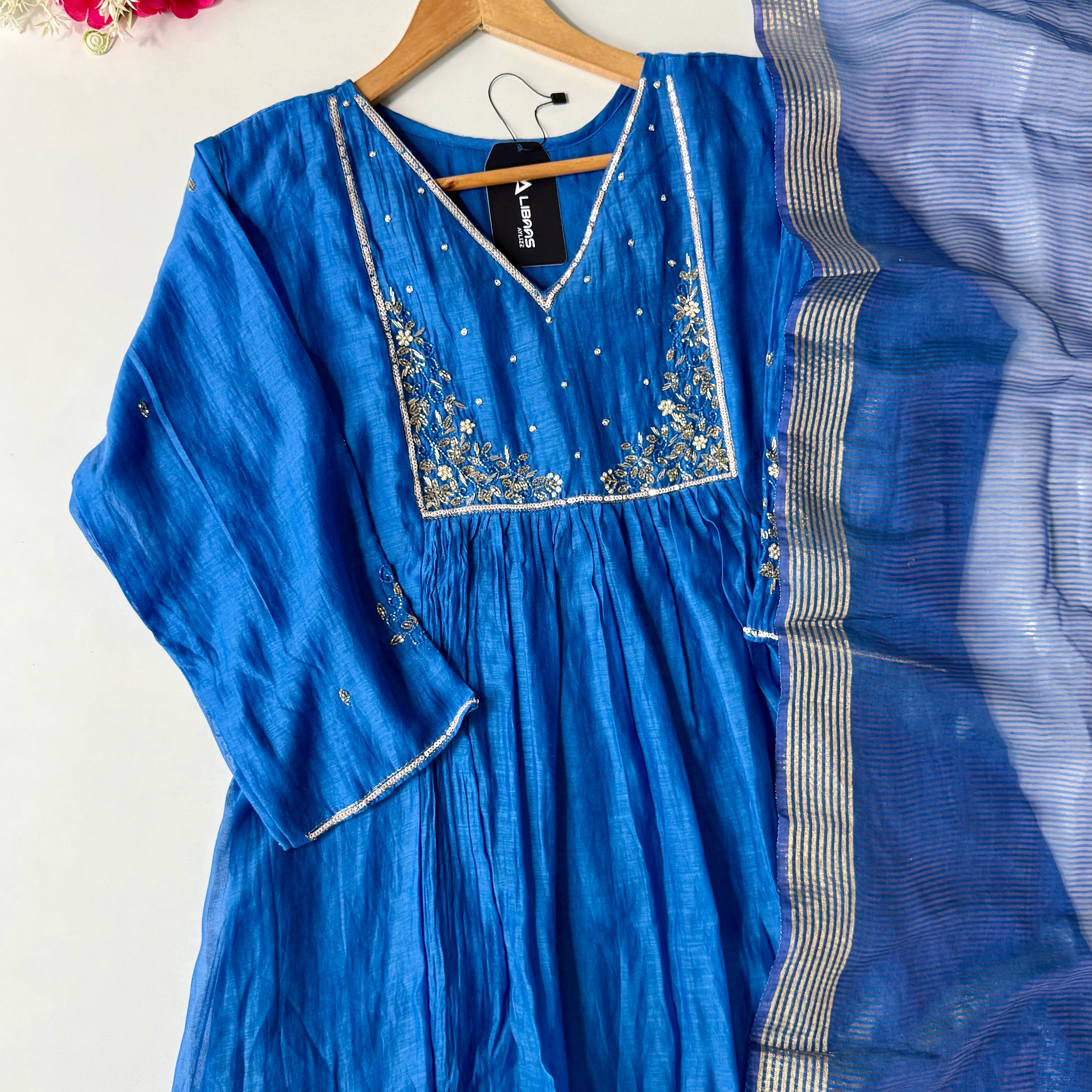 ✨ Gulnoor – Royal Blue Mul Chanderi A-Line Kurta Set with Dupatta