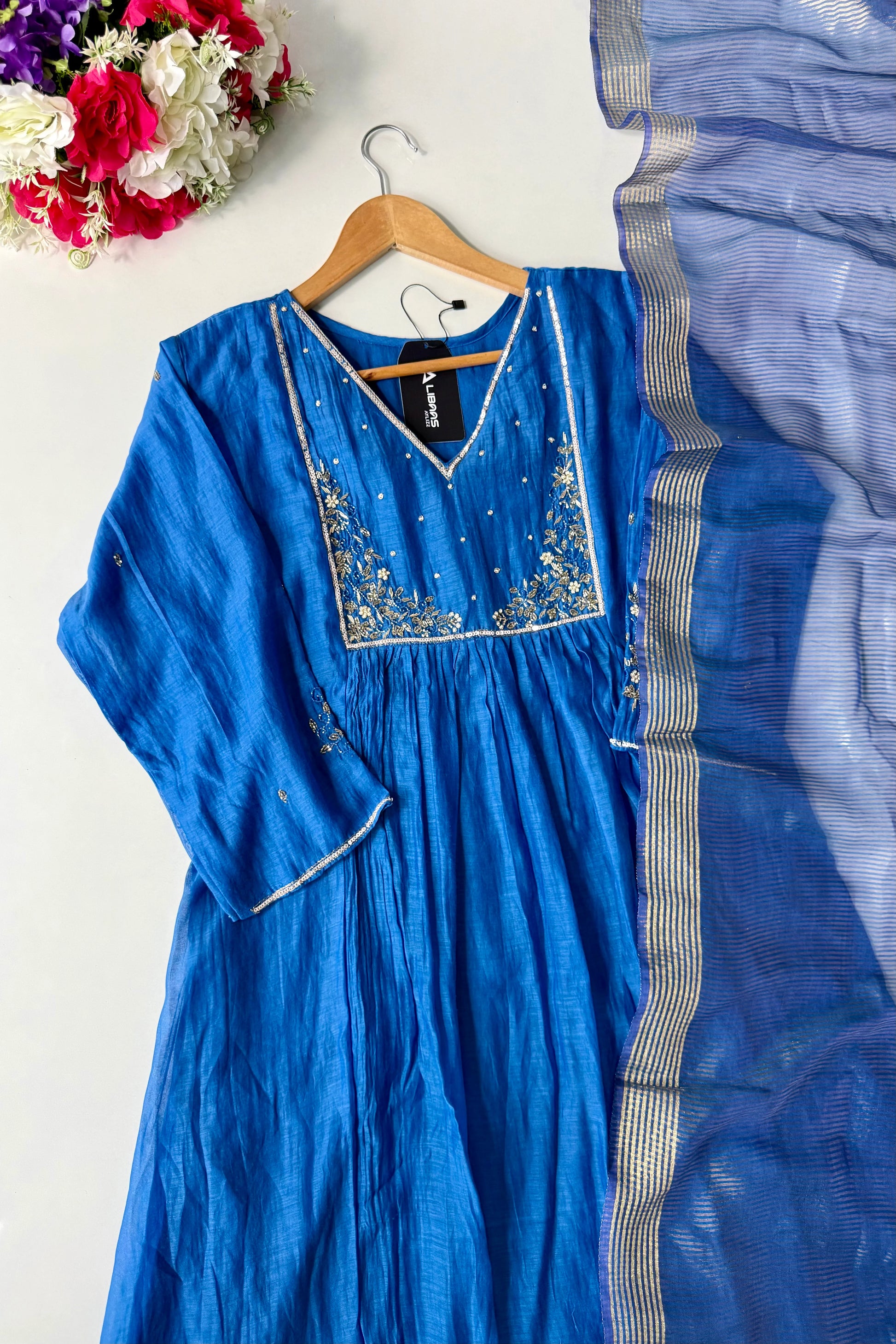 ✨ Gulnoor – Royal Blue Mul Chanderi A-Line Kurta Set with Dupatta