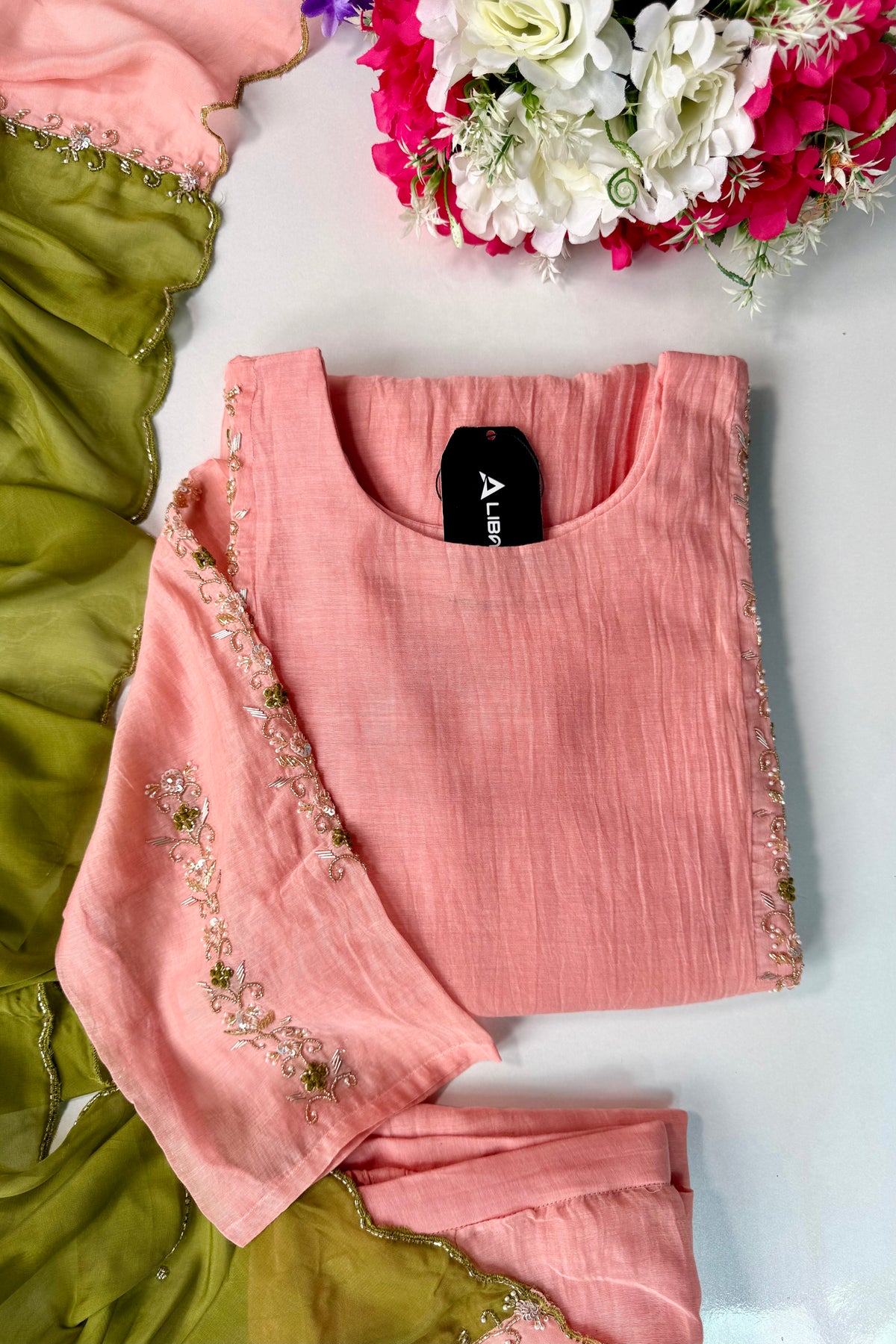 ✨ Princi- Premium Coral Rose Mul Chanderi Anarkali Kurta Set