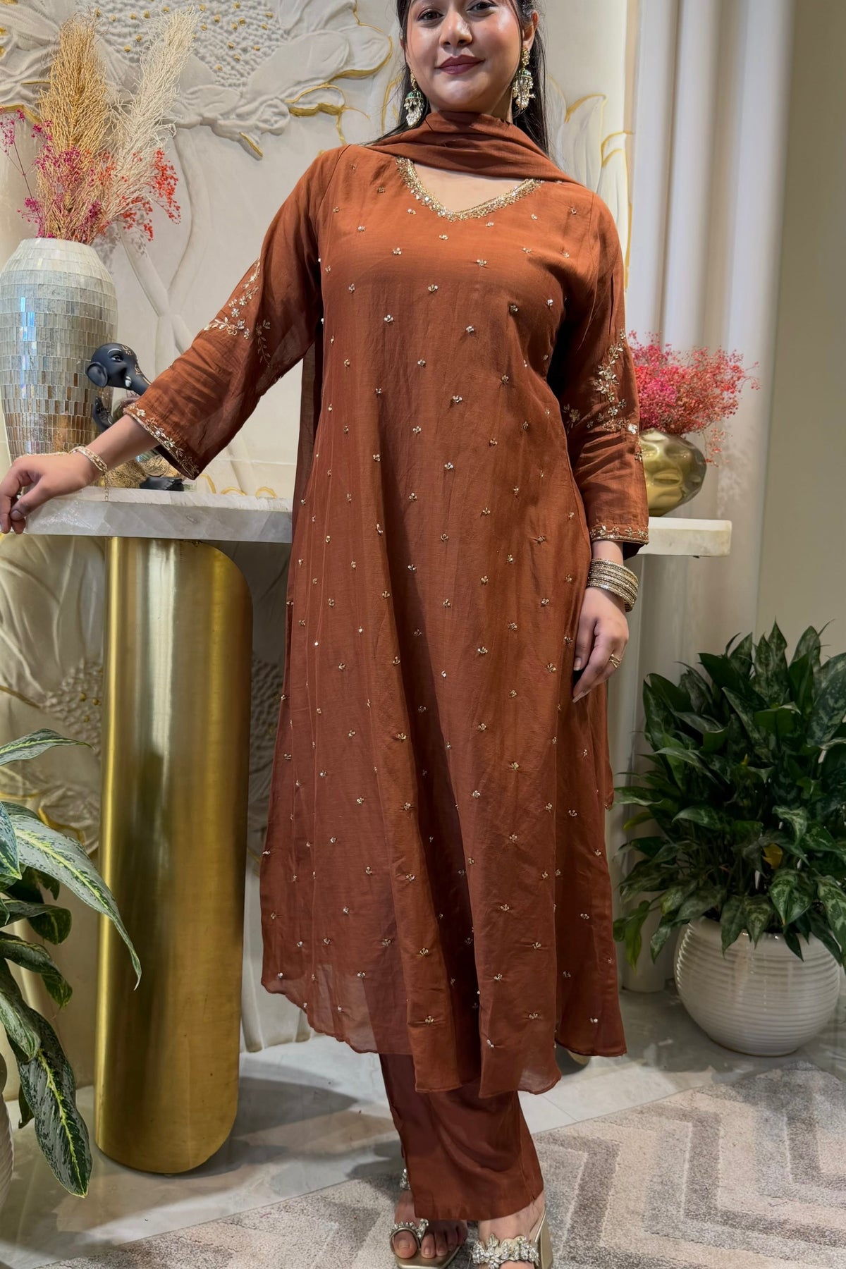 ✨Aditi - Karwa Chauth Special Mul Chanderi A-Line Kurta set