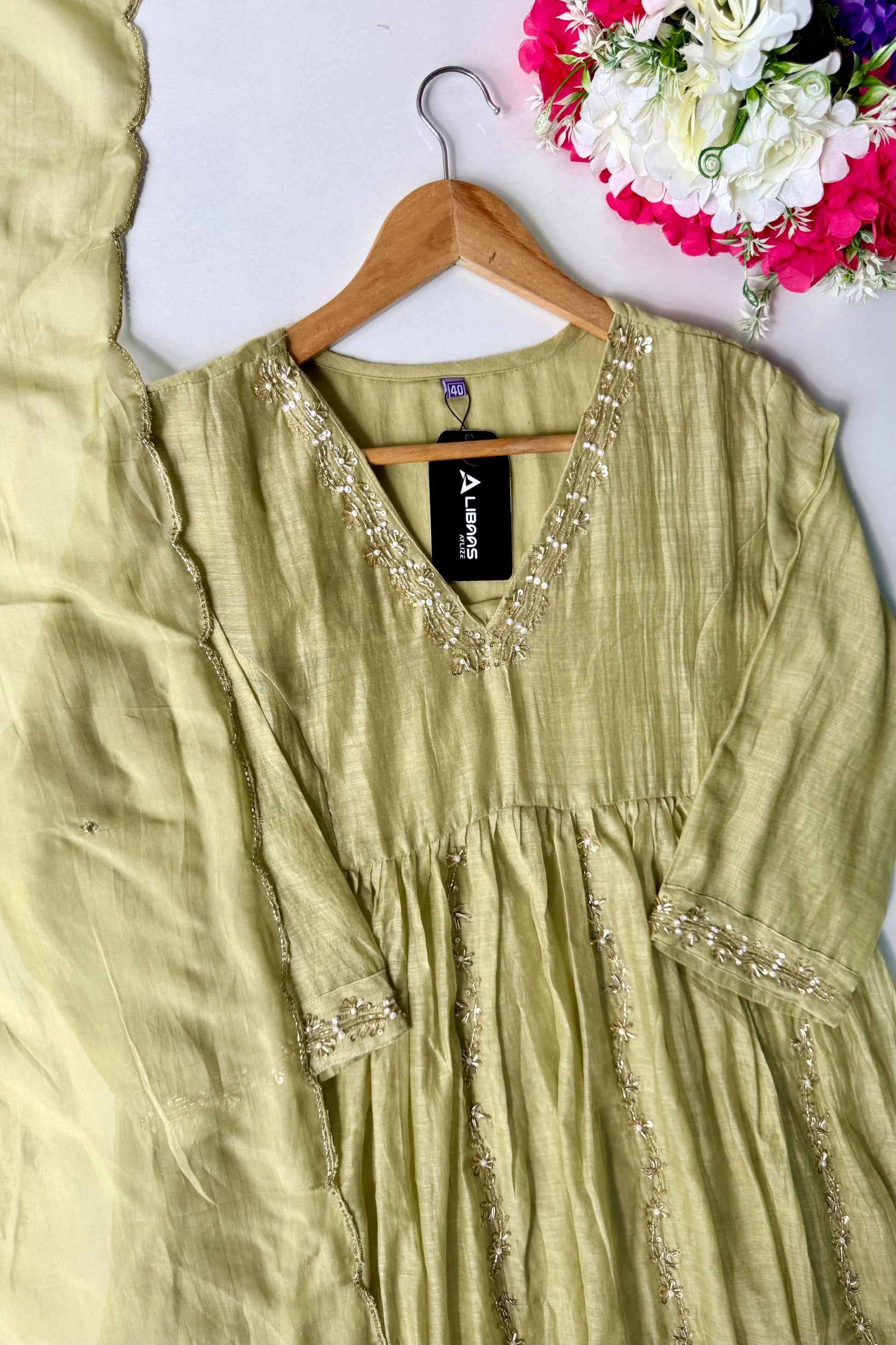 ✨Florence - Olive Pistachio Mul Chanderi Anarkali Suit set 🛍️