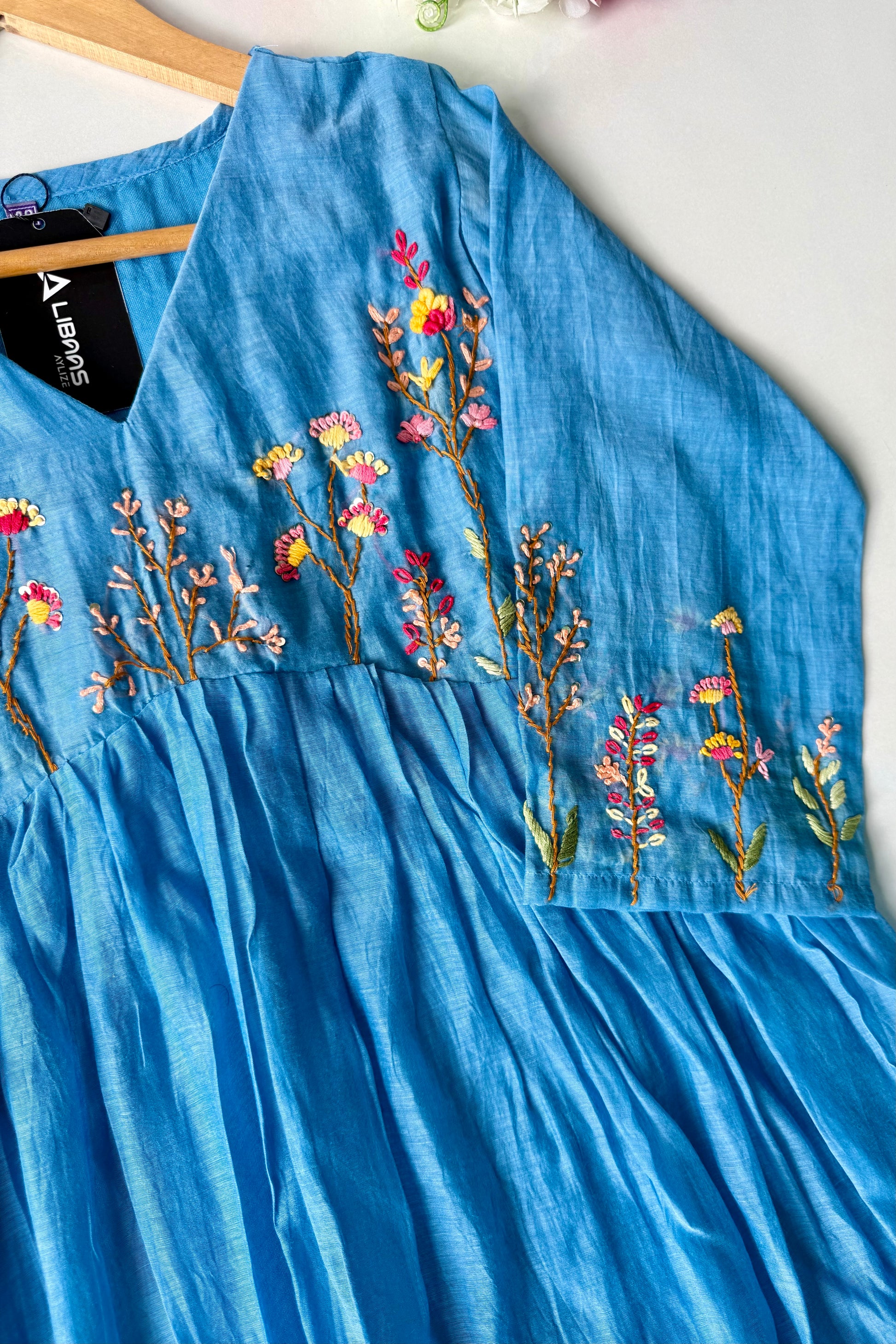 💙AYRA- Azure Blue Mul Chanderi Thread Work Anarkali Kurta Set
