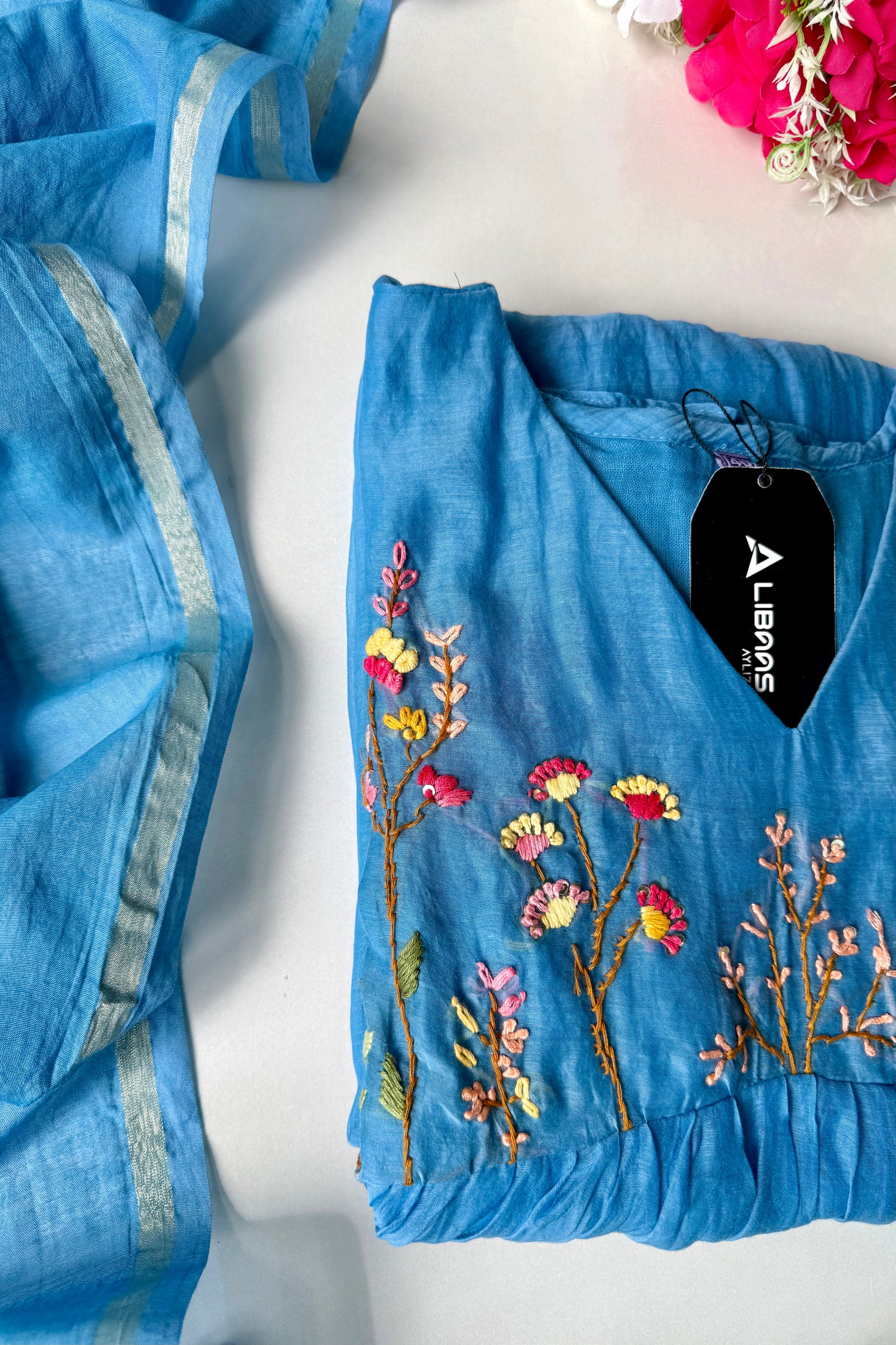 💙AYRA- Azure Blue Mul Chanderi Thread Work Anarkali Kurta Set