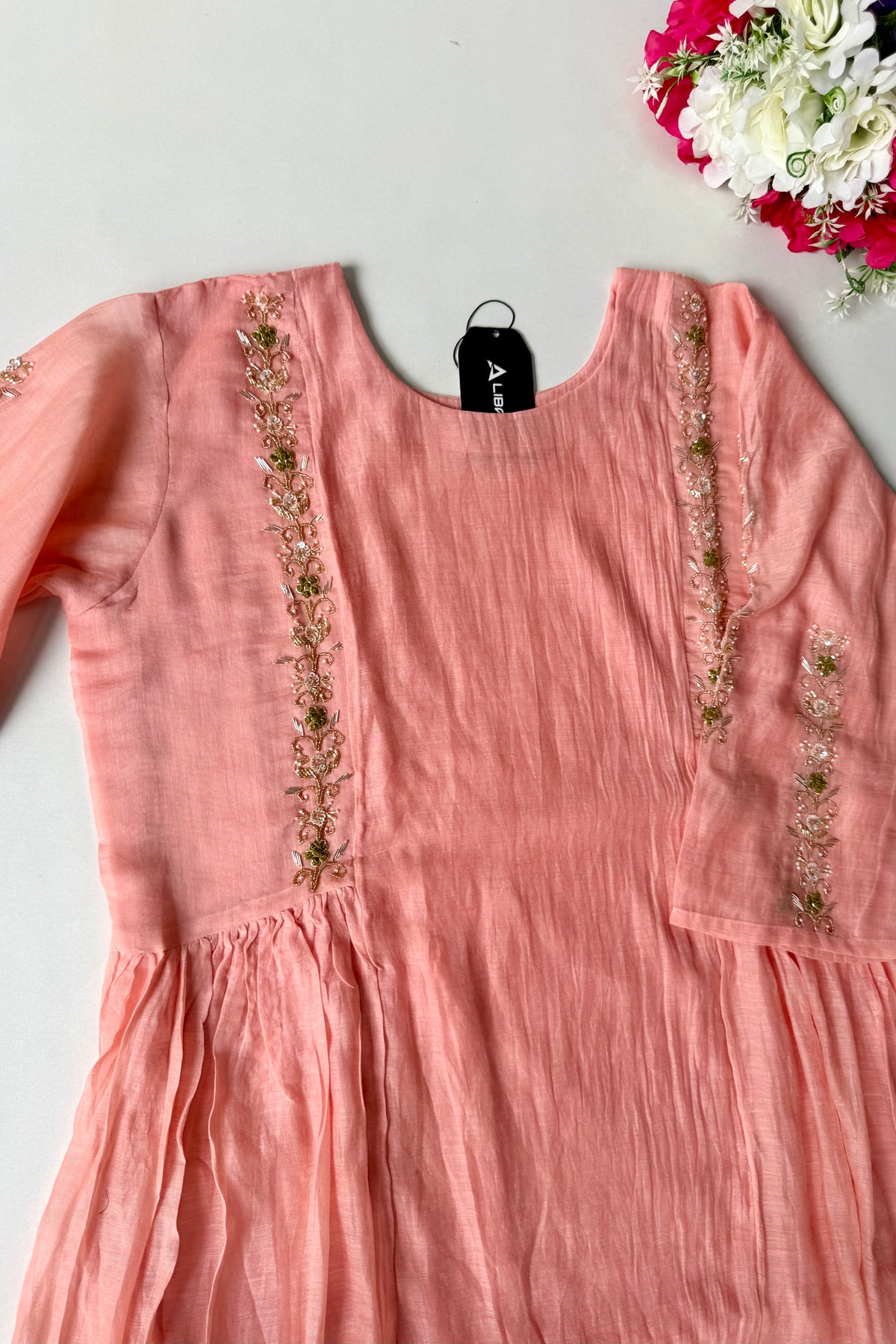 ✨ Princi- Premium Coral Rose Mul Chanderi Anarkali Kurta Set