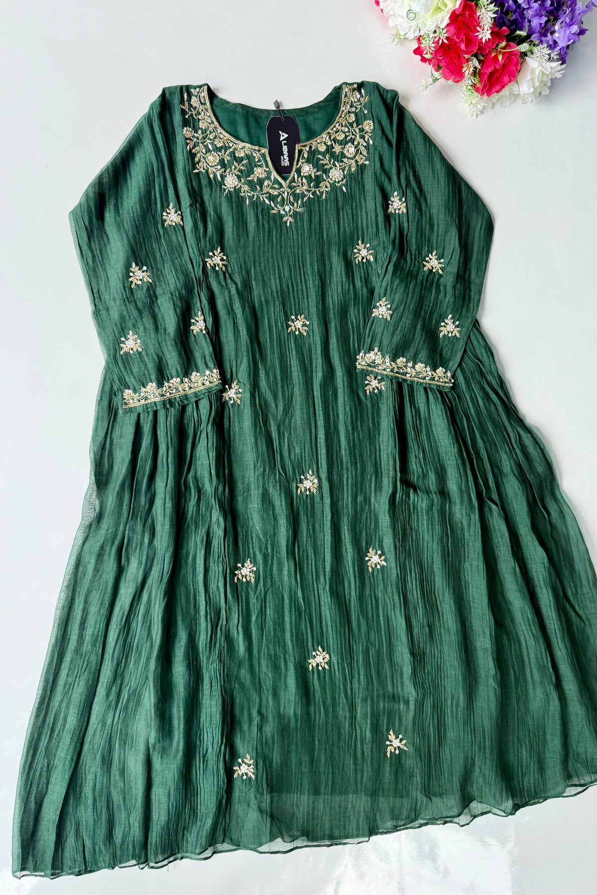 ✨Zoe - Premium Bottle Green Mul Chanderi A Line Kurta Set ✨