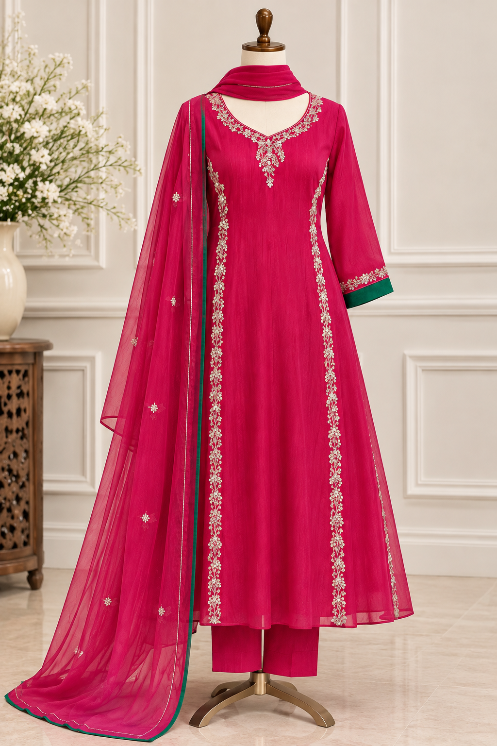 ✨”Maya - Premium Pink Mul Chanderi A-Line Kurta Sets