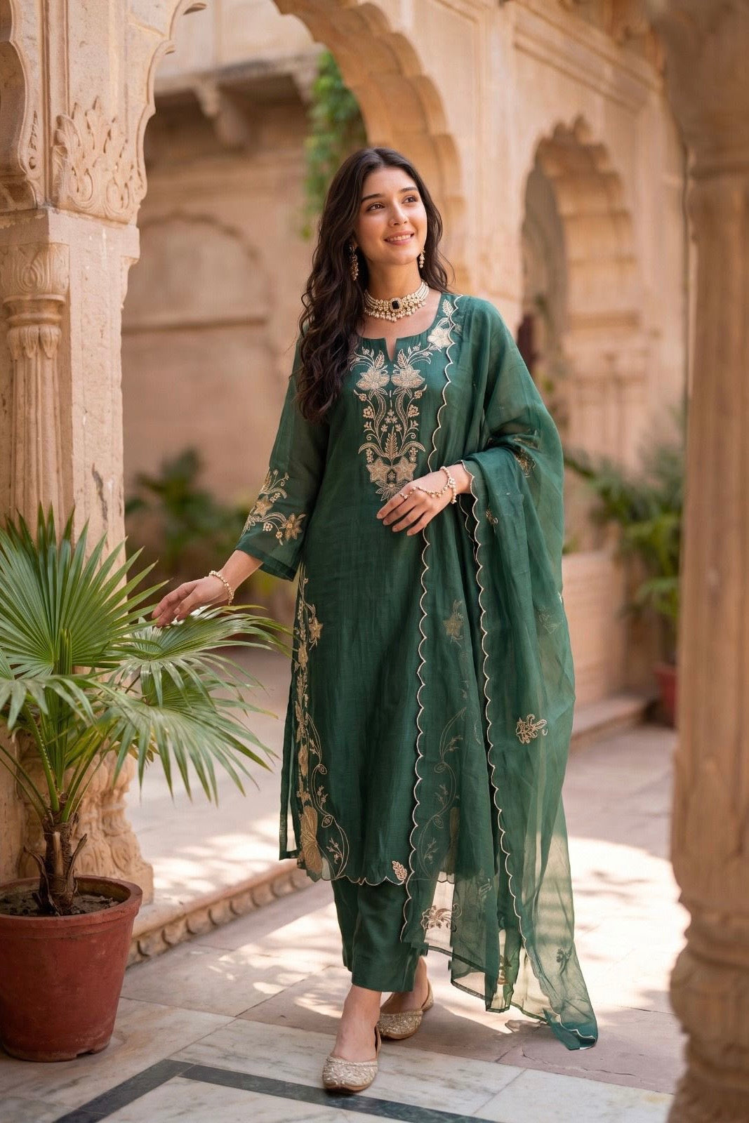 ✨Navira - Green Banaras mul chanderi Embroidered Straight Kurta Set