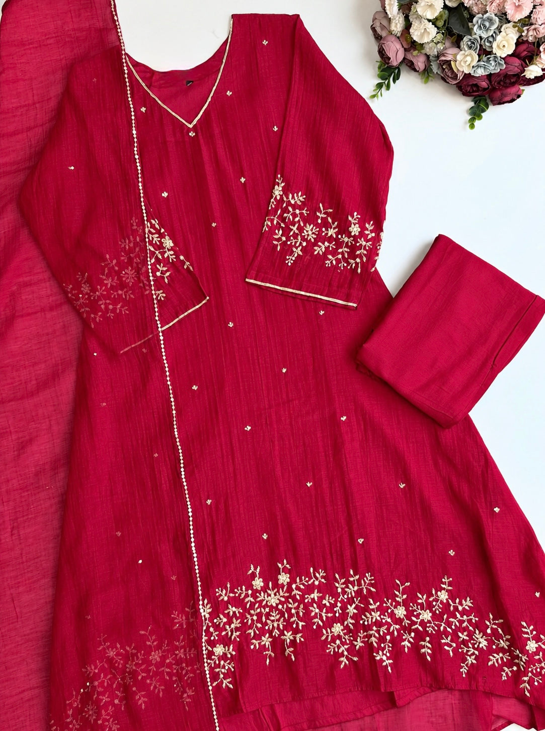 ✨Samaira - Premium Marron pink mul chanderi Daman work A Line Kurta Set