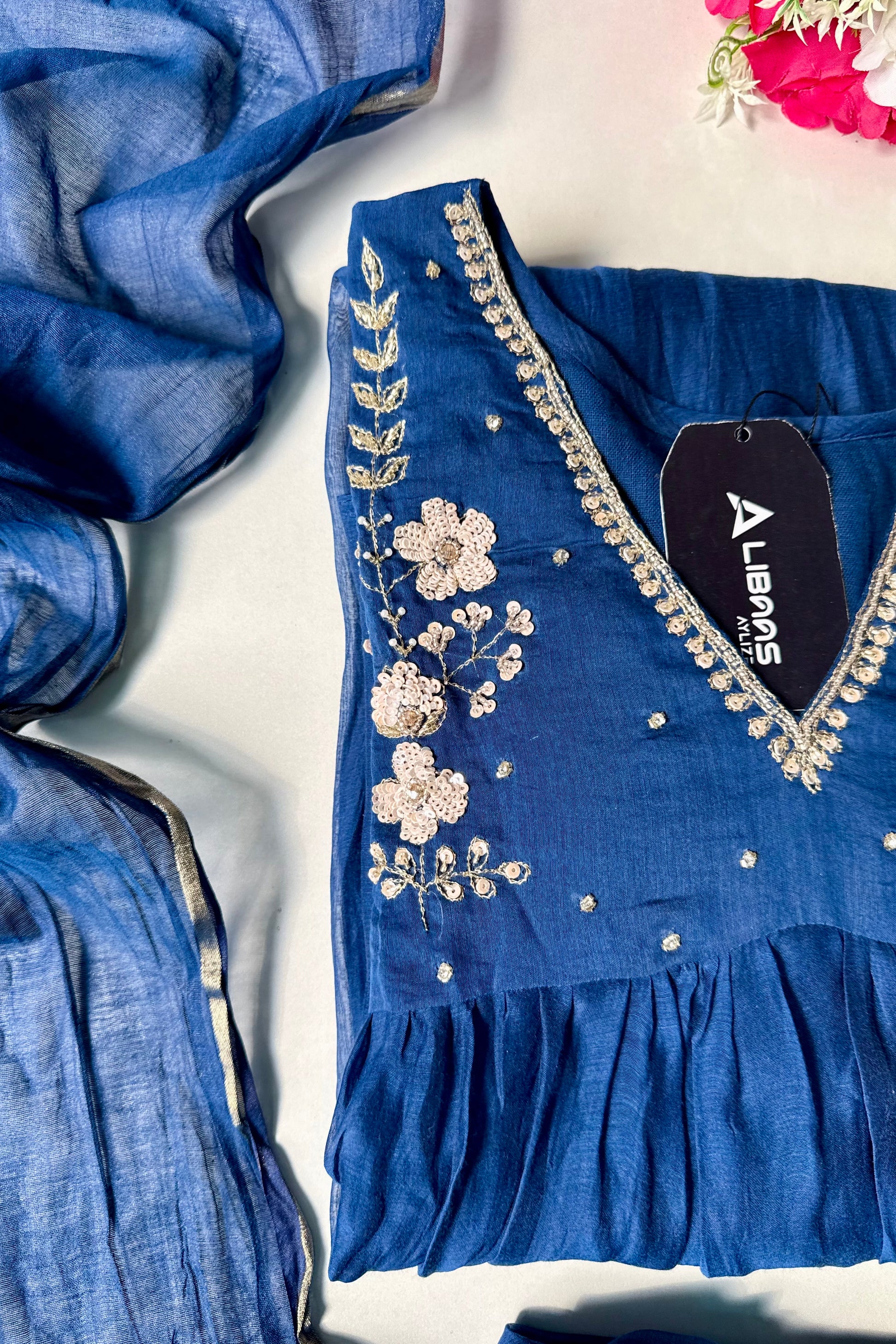 🛍️”Melody –  Premium Blue Banarsi Mul Chanderi Anarkali Suit