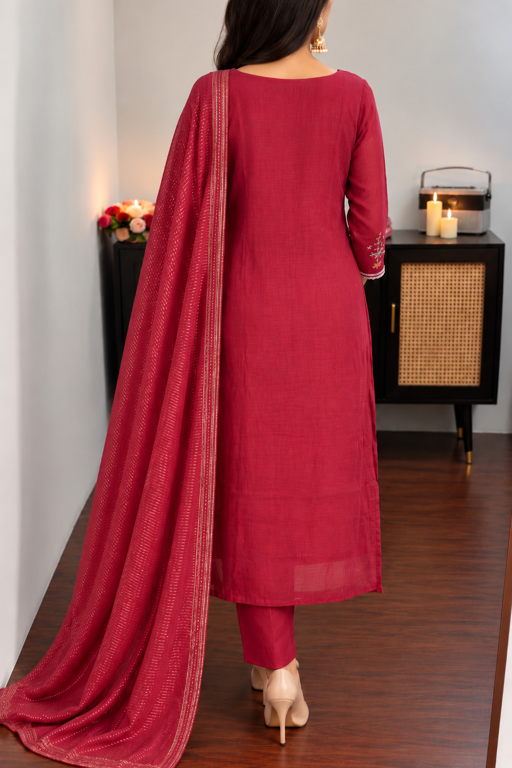 “Bindiya” Deep Rose Mul Chanderi Stright kurta set