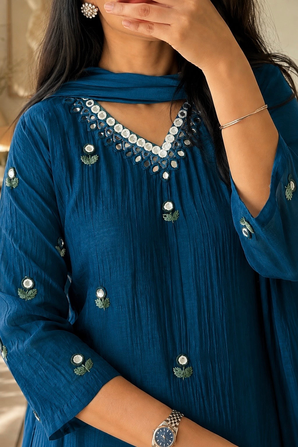 ✨”Ruby - Premium Blue Mul Chanderi A-Line Kurta Set