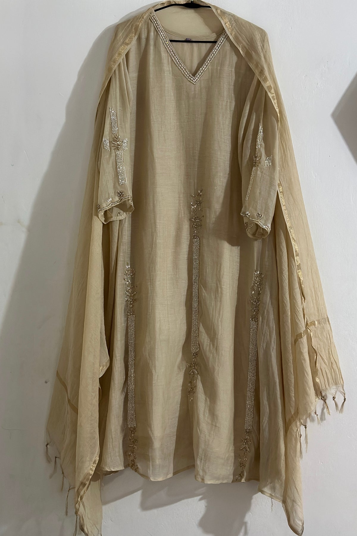 ✨ Mishka- Premium Champagne Ivory Mul Chanderi A Line Kurta Set