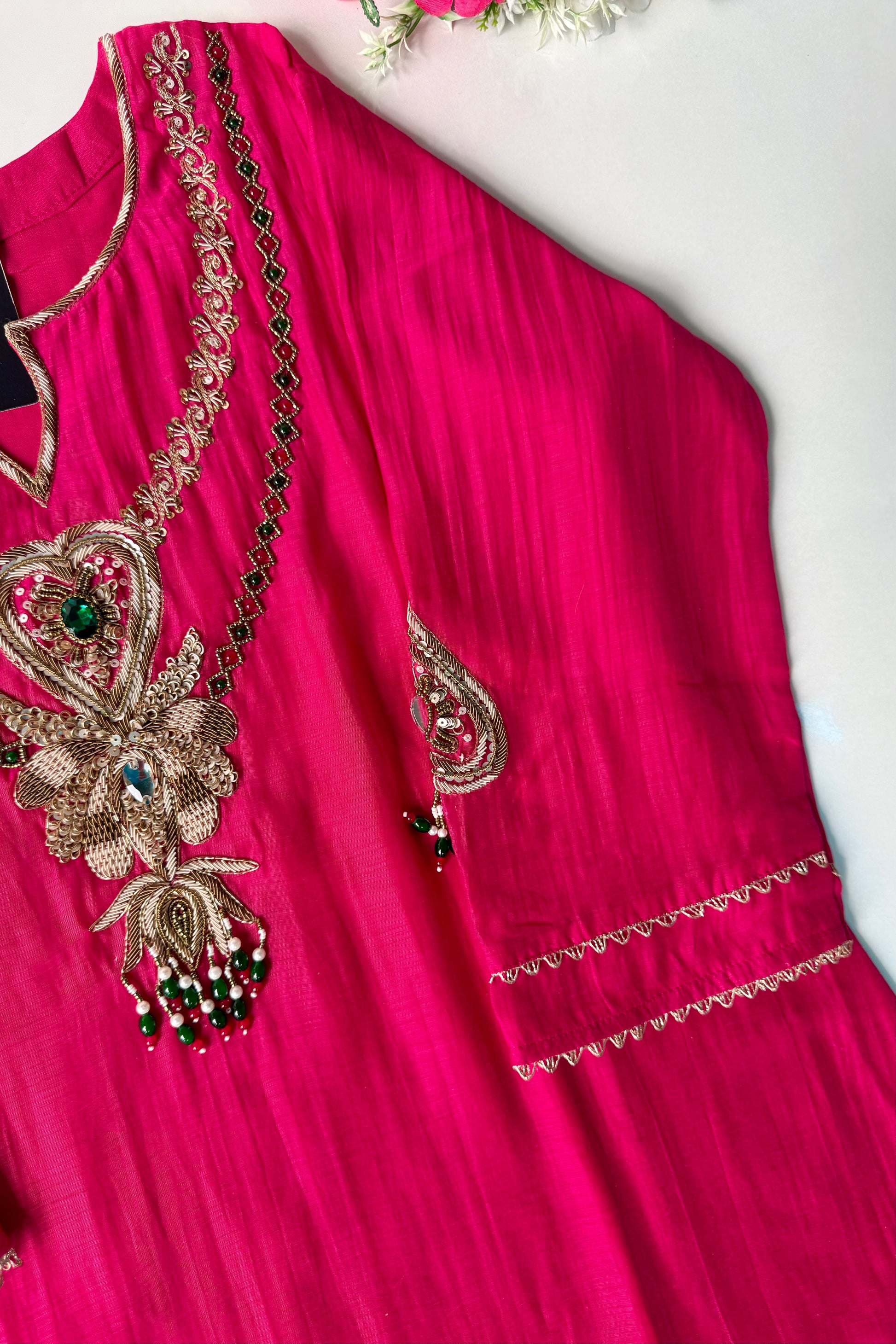 ✨”Falak - Premium Royal Pink Mul Chanderi A-Line Kurta Set