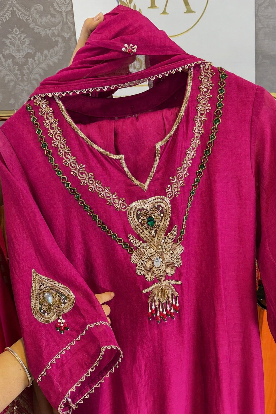 ✨”Falak - Premium Pink Mul Chanderi A-Line Kurta Set