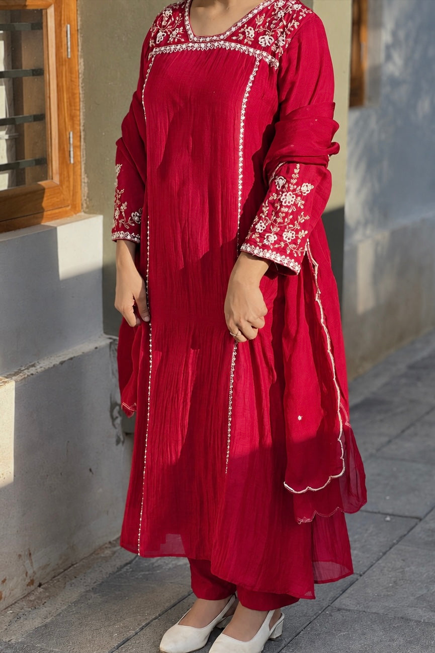 Roshni - Premium Red Mul Chanderi A Line Kurta Set ✨