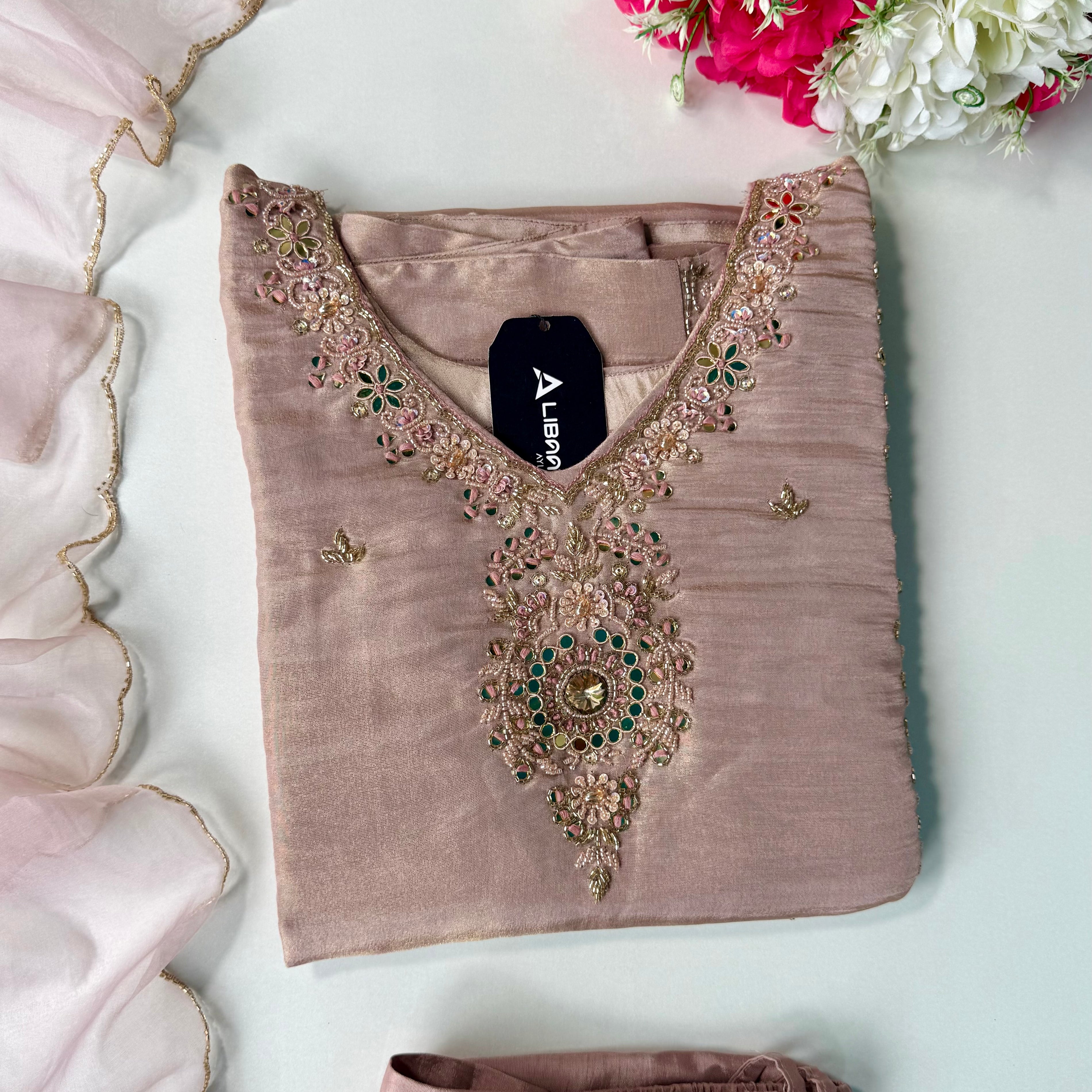✨Pearl – Premium Blush Mirror Work Tissue A Line Kurta Set